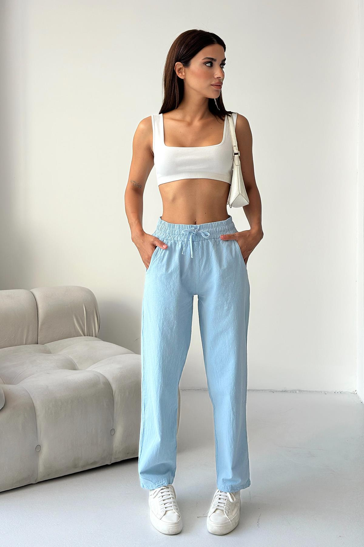 Women’s High-Waist Drawstring 100% Cotton Relax Fit Straight-Leg Pants – Baby Blue