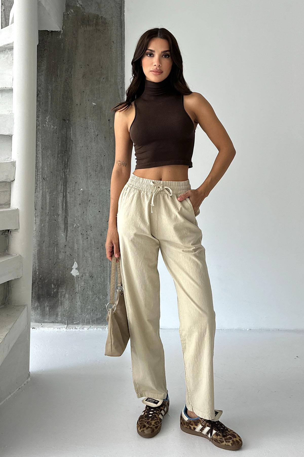 Women’s High-Waist Drawstring 100% Cotton Relax Fit Straight-Leg Pants – Beige