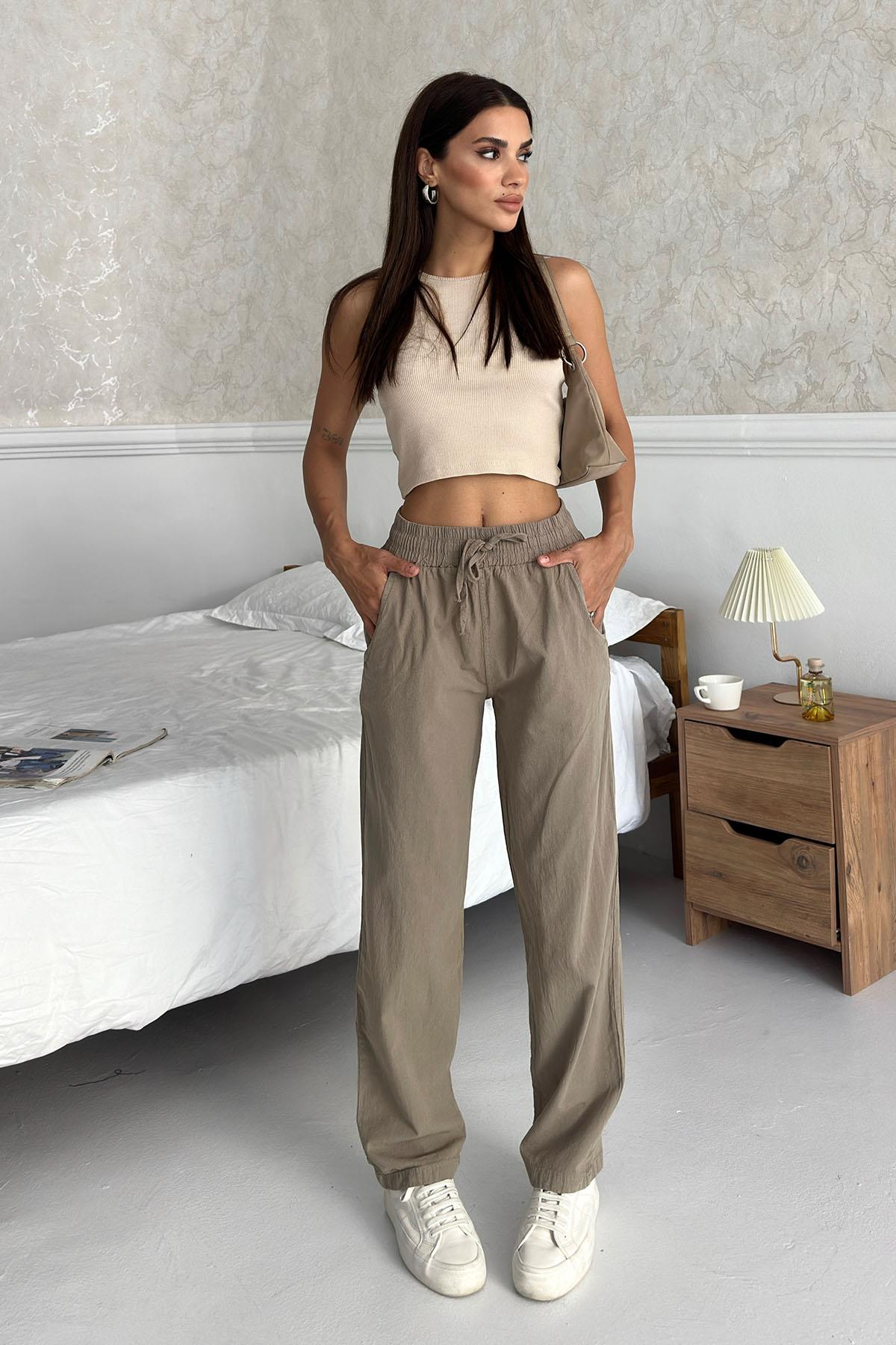 Women’s High-Waist Drawstring 100% Cotton Relax Fit Straight-Leg Pants – Taupe