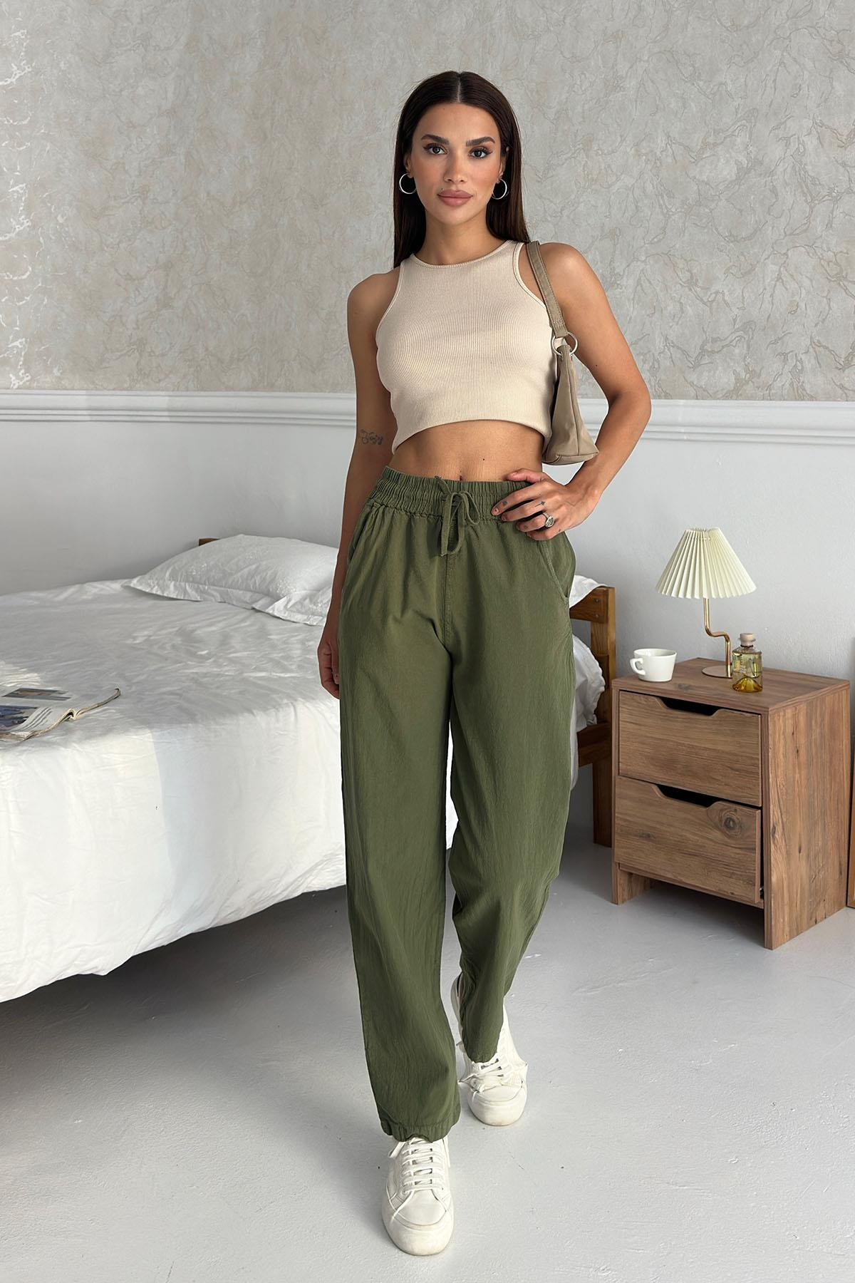 Women’s High-Waist Drawstring 100% Cotton Relax Fit Straight-Leg Pants – Khaki