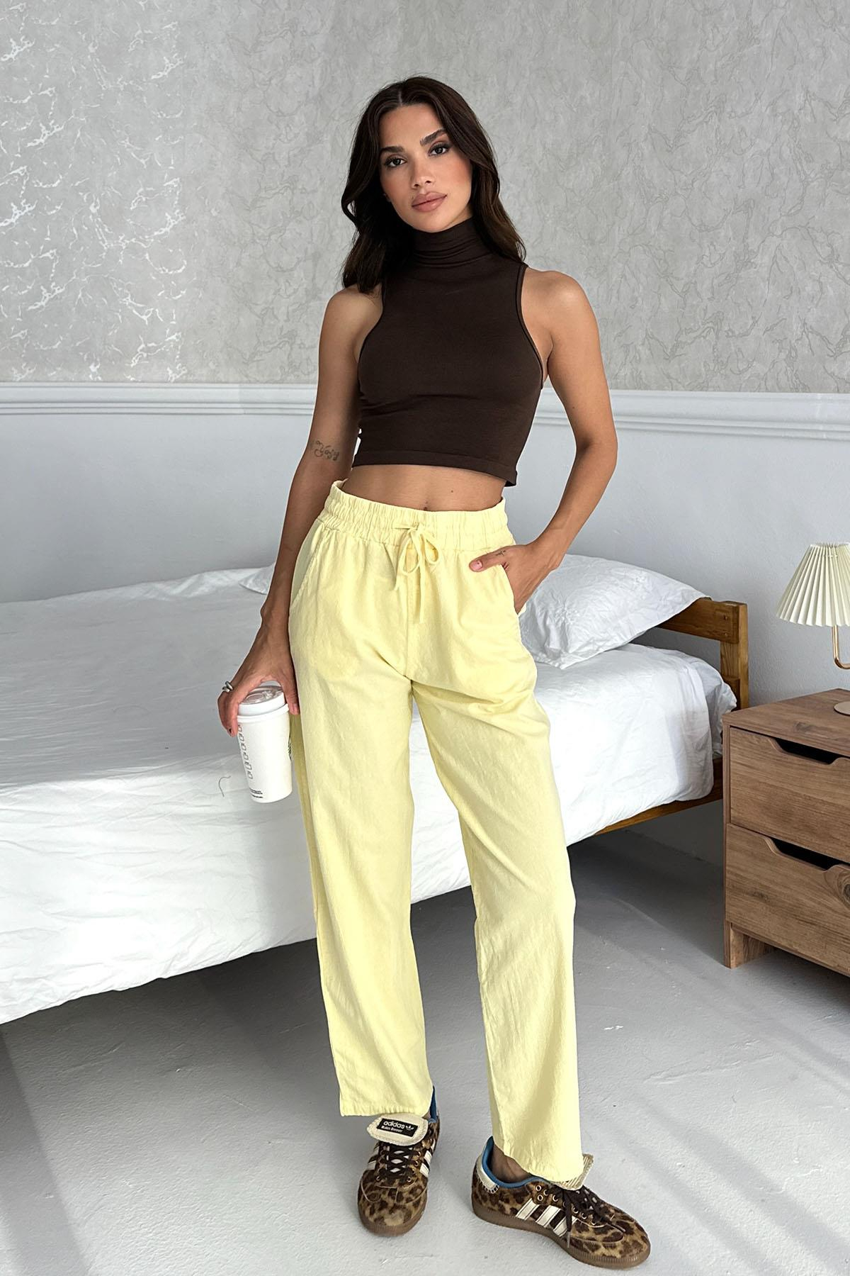 Women’s High-Waist Drawstring 100% Cotton Relax Fit Straight-Leg Pants – Yellow