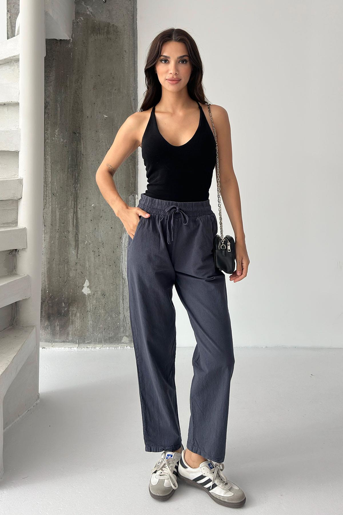 Women’s High-Waist Drawstring 100% Cotton Relax Fit Straight-Leg Pants – Anthracite