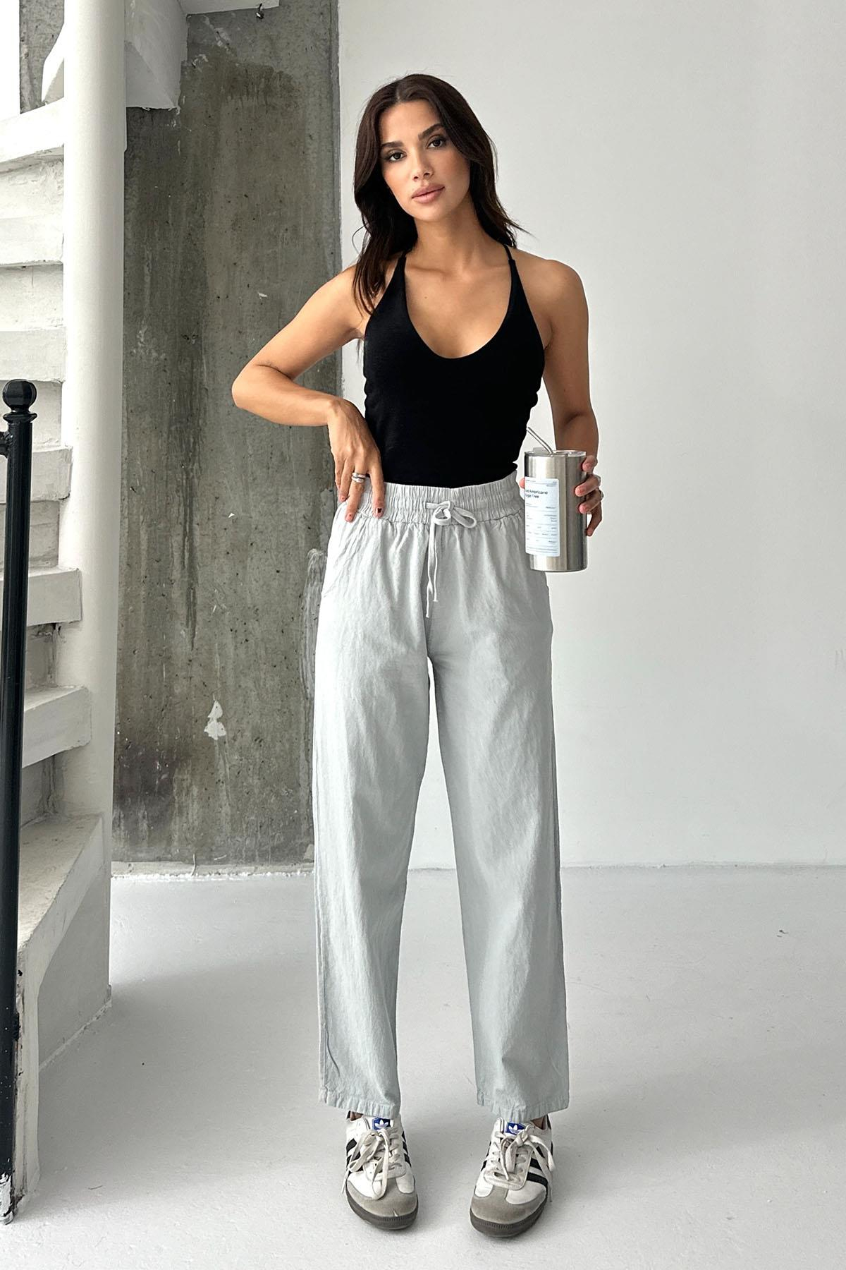 Women’s High-Waist Drawstring 100% Cotton Relax Fit Straight-Leg Pants – Stone