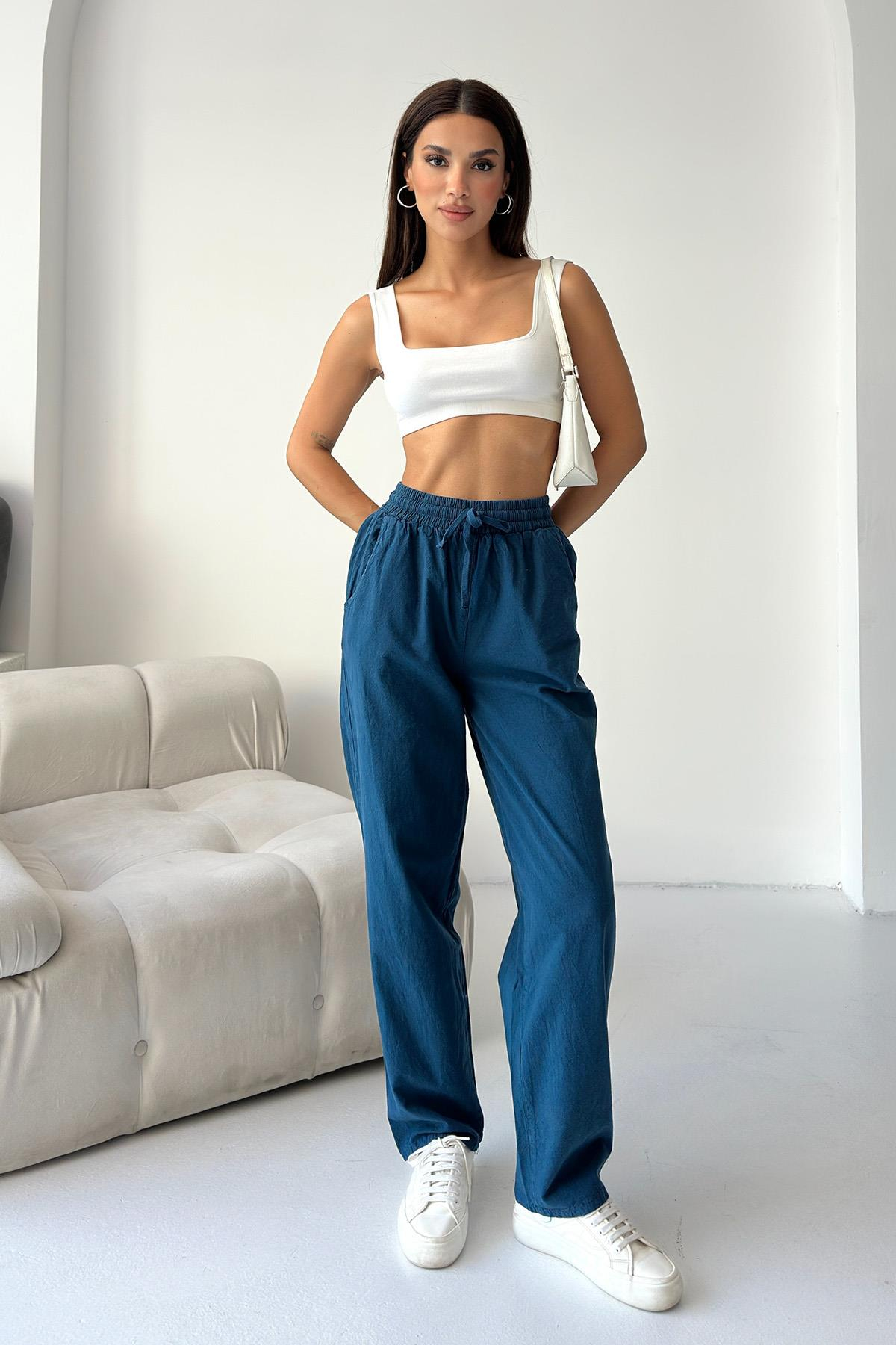 Women’s High-Waist Drawstring 100% Cotton Relax Fit Straight-Leg Pants – Cobalt Blue
