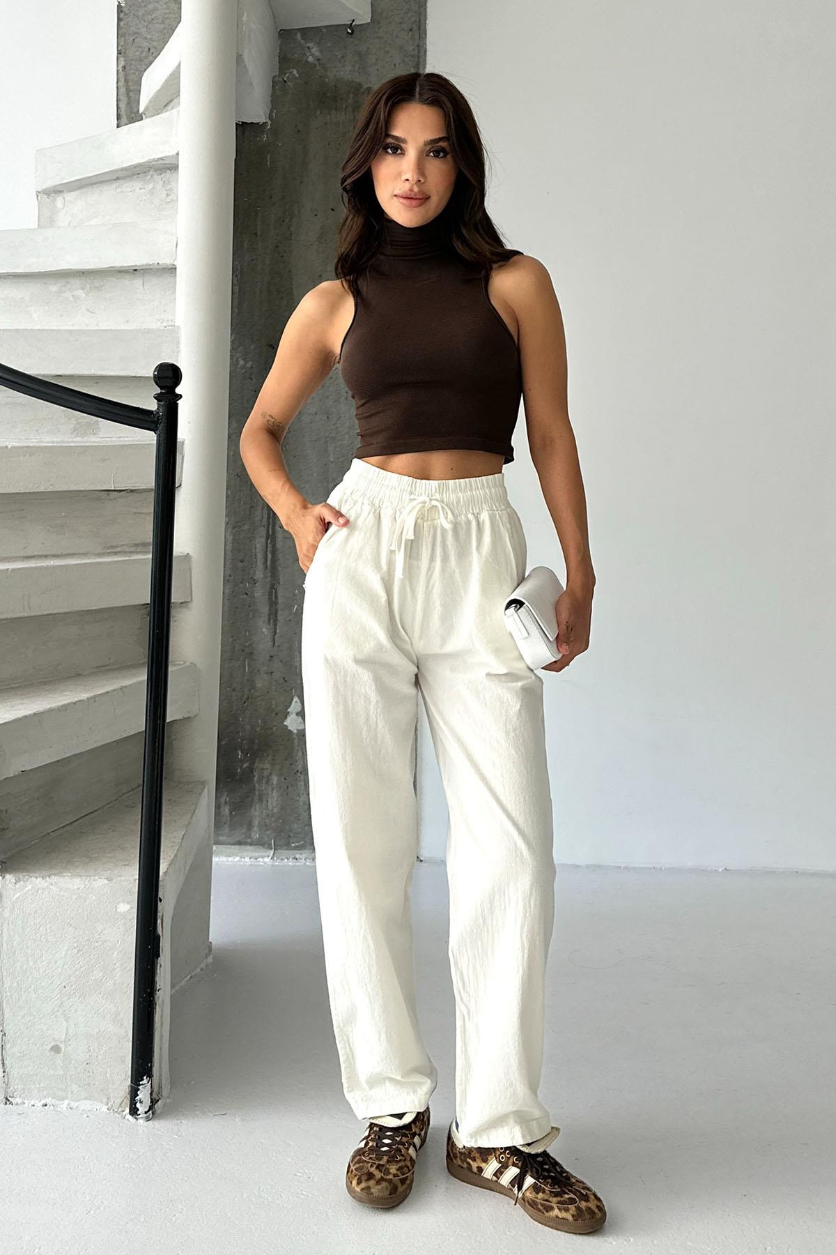 Women’s High-Waist Drawstring 100% Cotton Relax Fit Straight-Leg Pants – Ecru