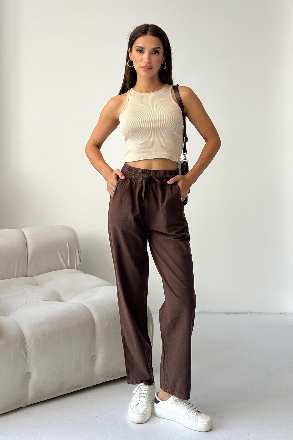 Women’s High-Waist Drawstring 100% Cotton Relax Fit Straight-Leg Pants – Brown