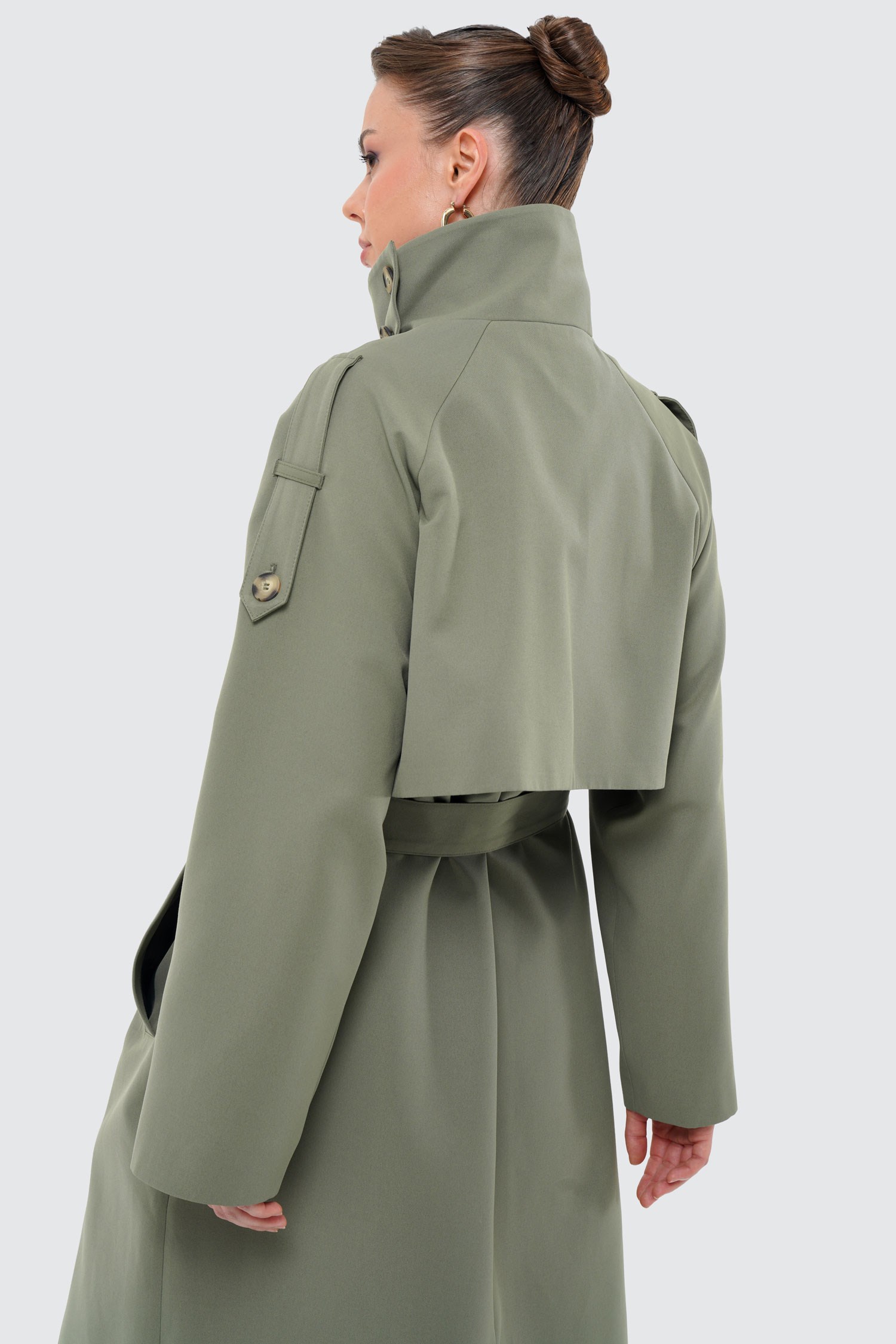 Kadın Açık Haki Dik Yaka Oversize Trençkot-Thalure