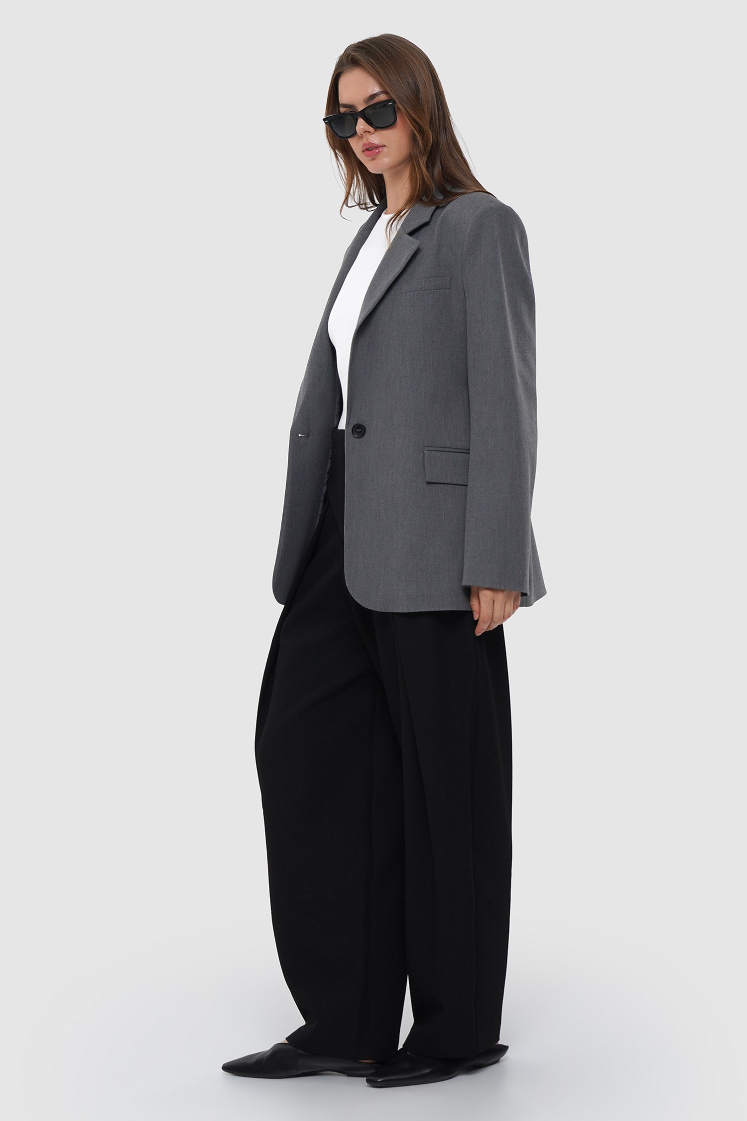 Kadın Antrasit Tek Düğmeli Oversize Blazer-Thalure