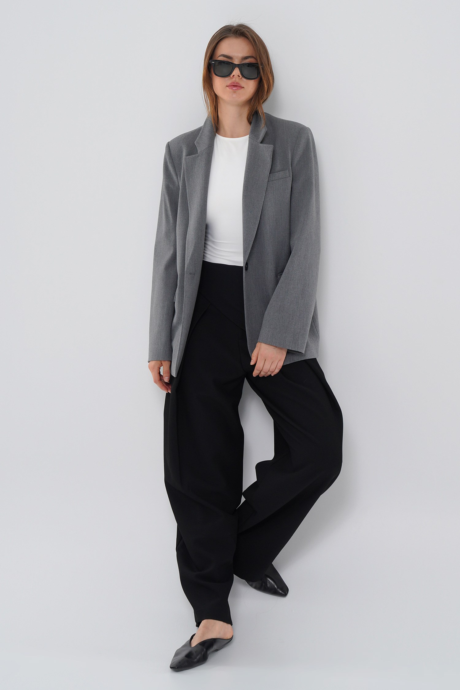 Kadın Antrasit Tek Düğmeli Oversize Blazer-Thalure
