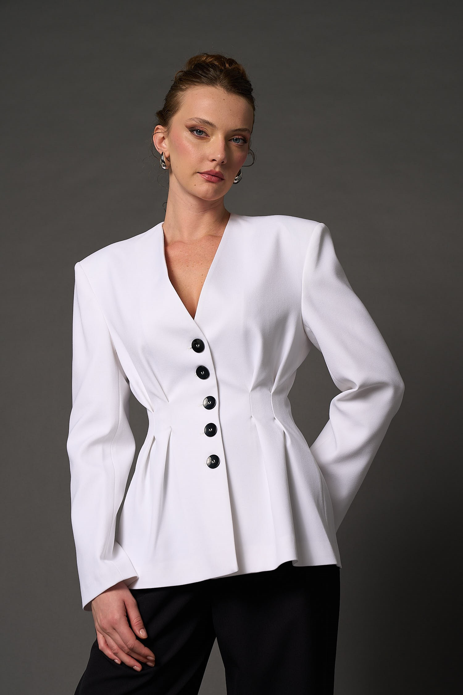 Kadın Beyaz Yakasız Drapeli Blazer-Thalure
