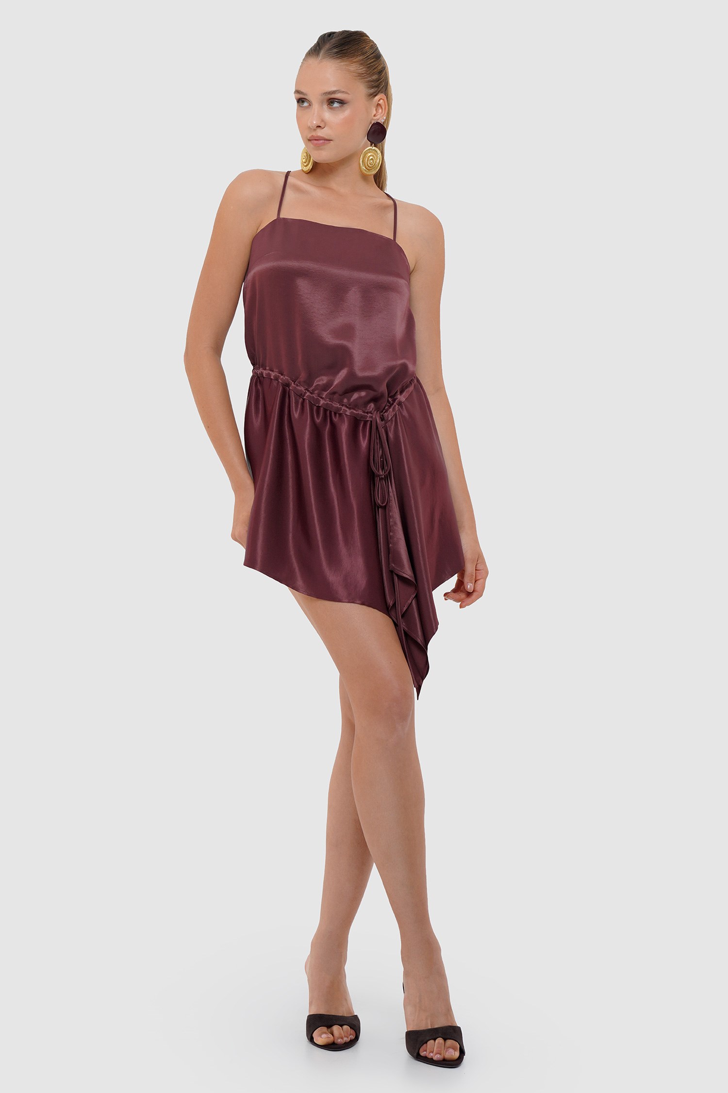 Kadın Bordo Askılı Saten Mini Elbise