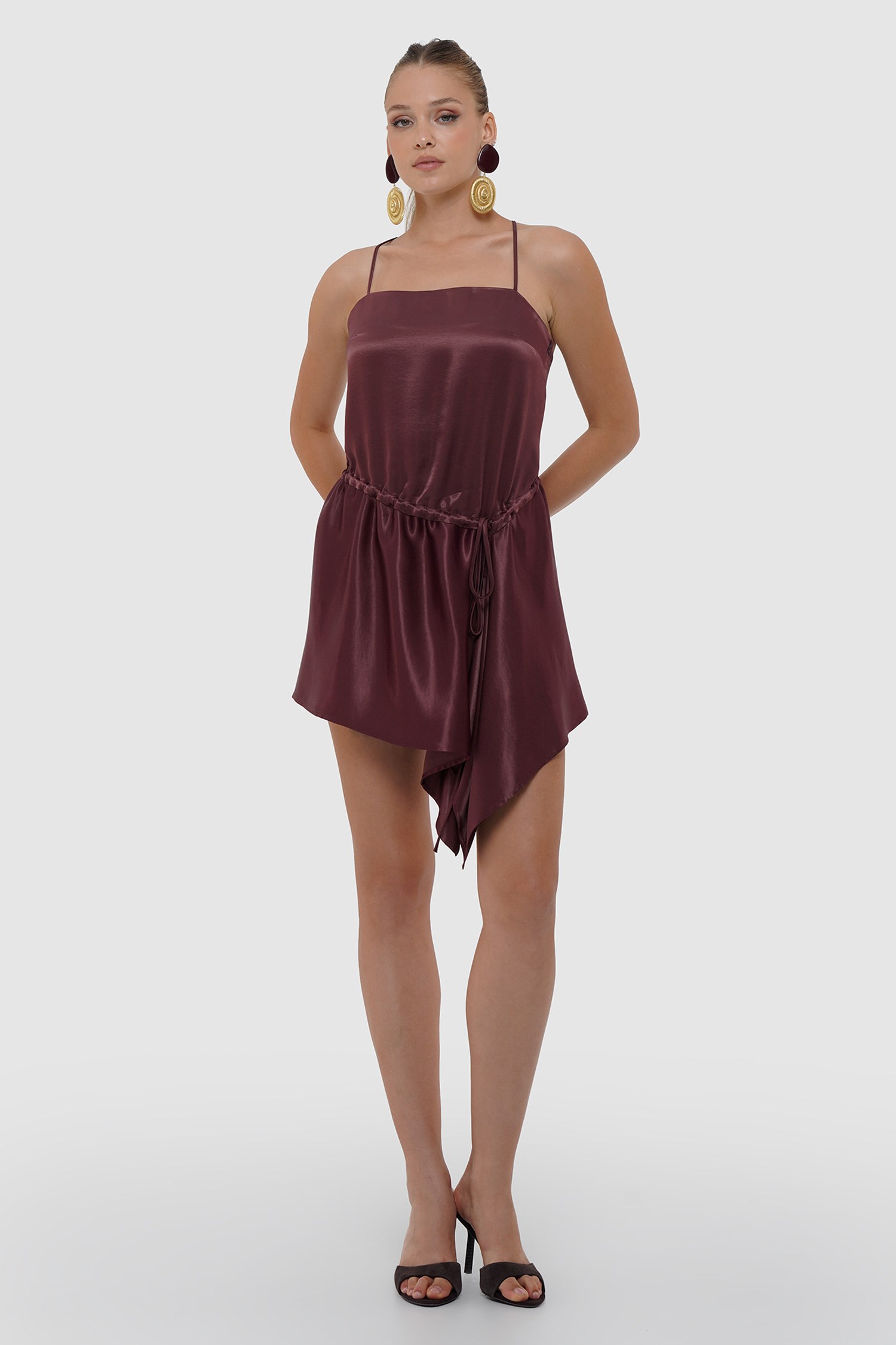 Kadın Bordo Askılı Saten Mini Elbise-Thalure