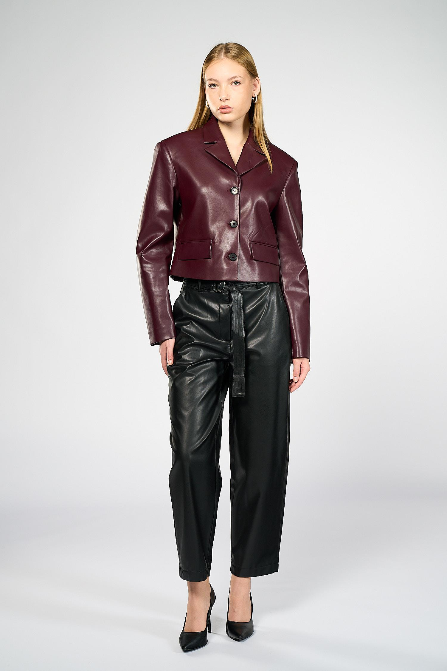 Kadın Bordo Crop Deri Blazer Ceket