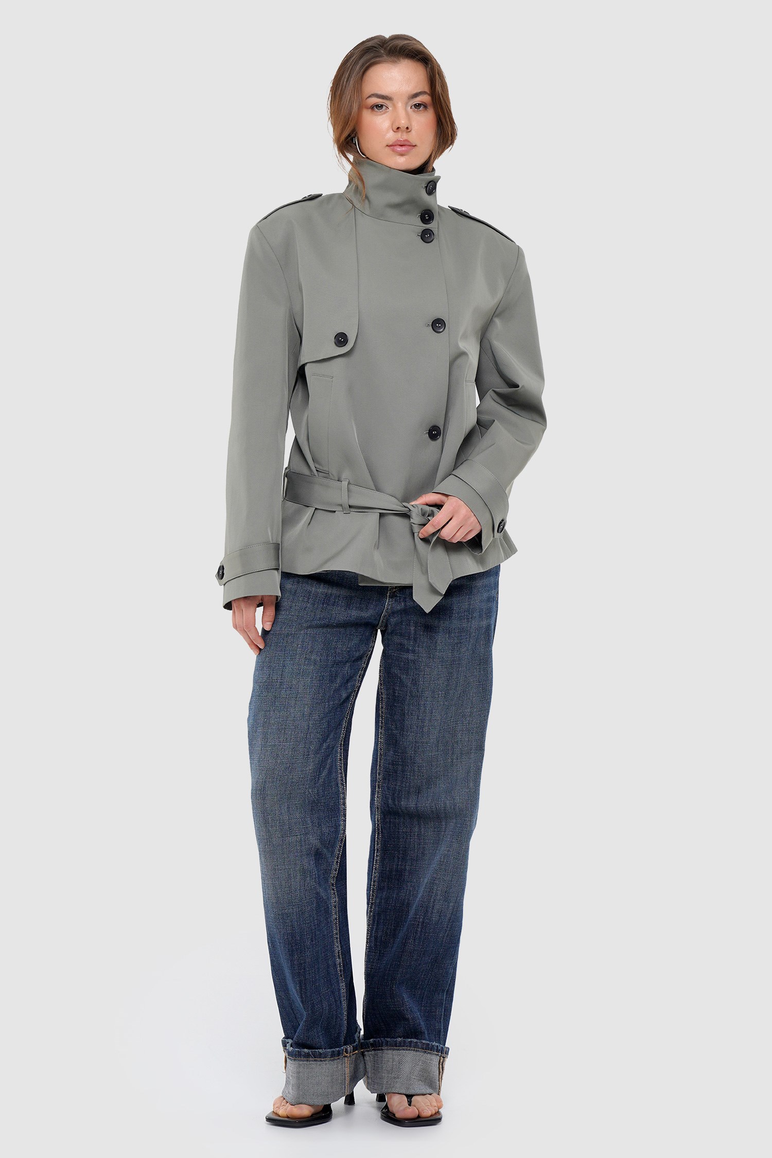 Kadın Çağla Yeşili Dik Yaka Oversize Kısa Trençkot
