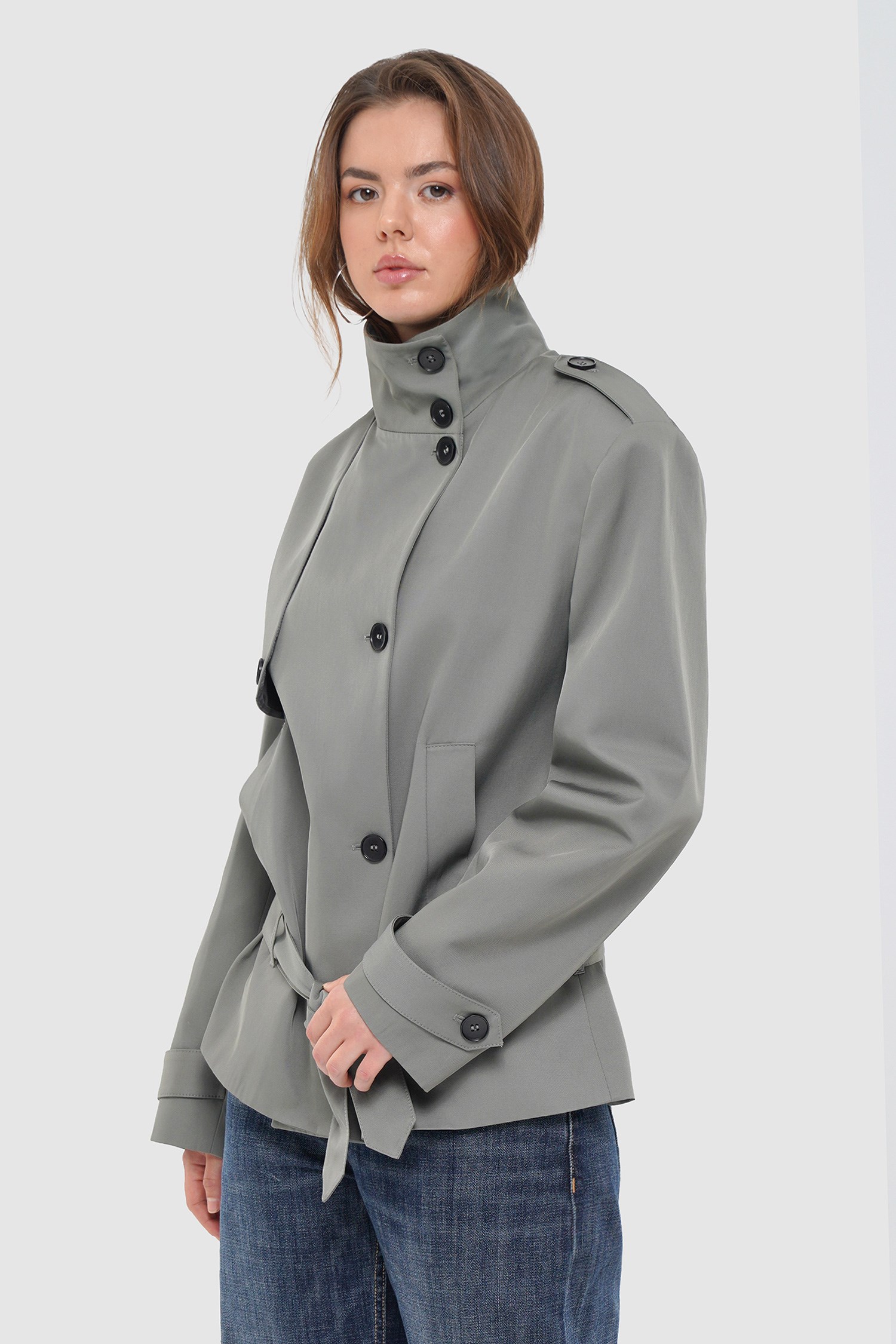Kadın Çağla Yeşili Dik Yaka Oversize Kısa Trençkot-Thalure