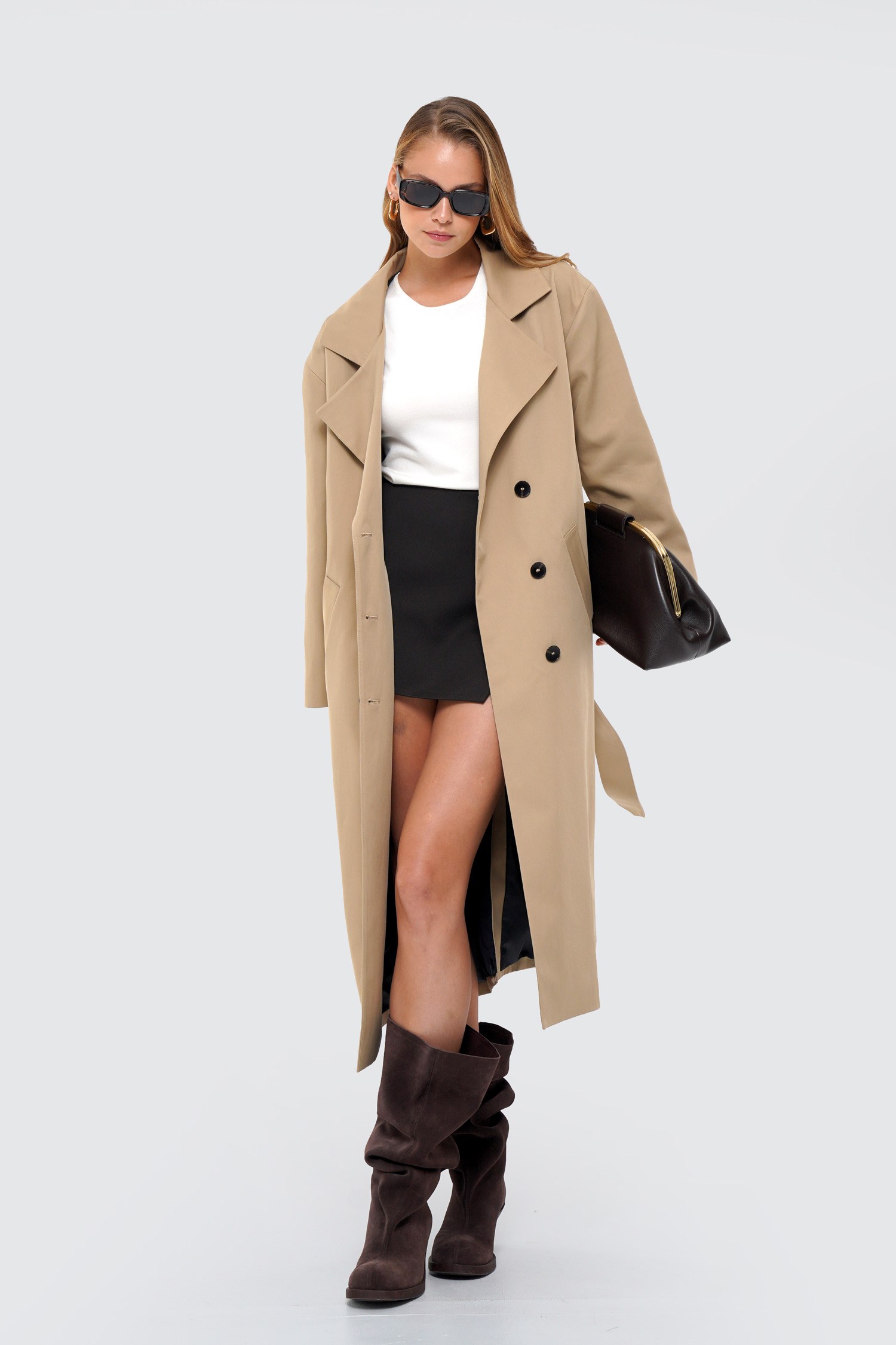 Kadın Camel Oversize Kuşaklı Trençkot-Thalure