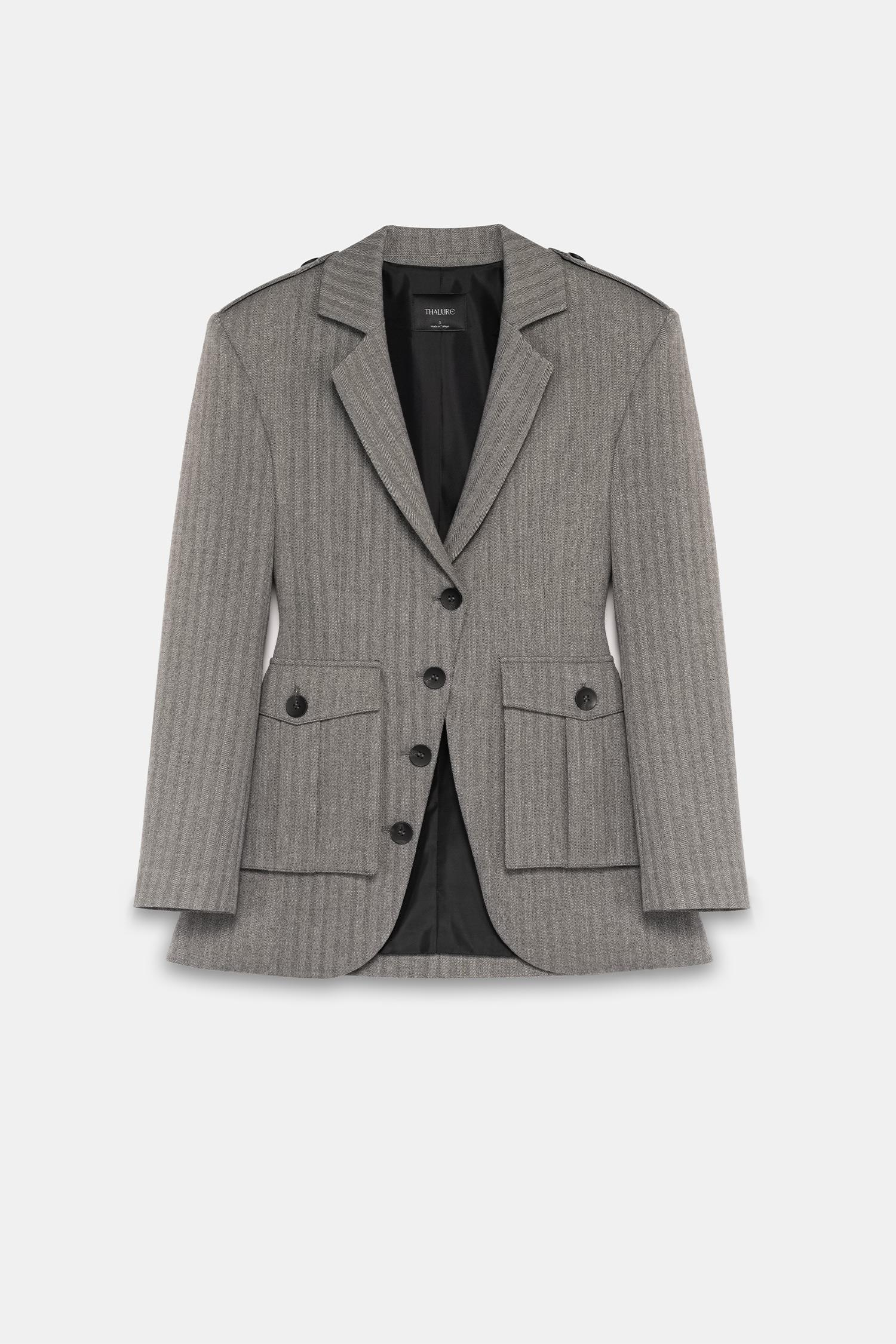 Kadın Gri Körüklü Cepli Apoletli Blazer-Thalure