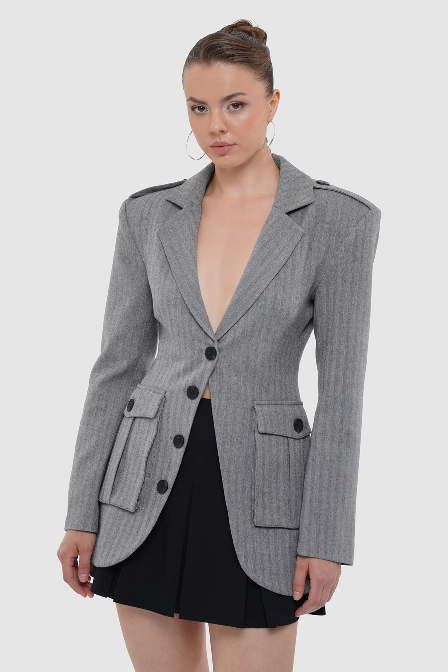 Kadın Gri Körüklü Cepli Apoletli Blazer-Thalure