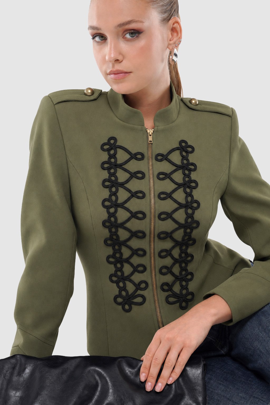 Kadın Haki Süslü Fit Blazer-Thalure