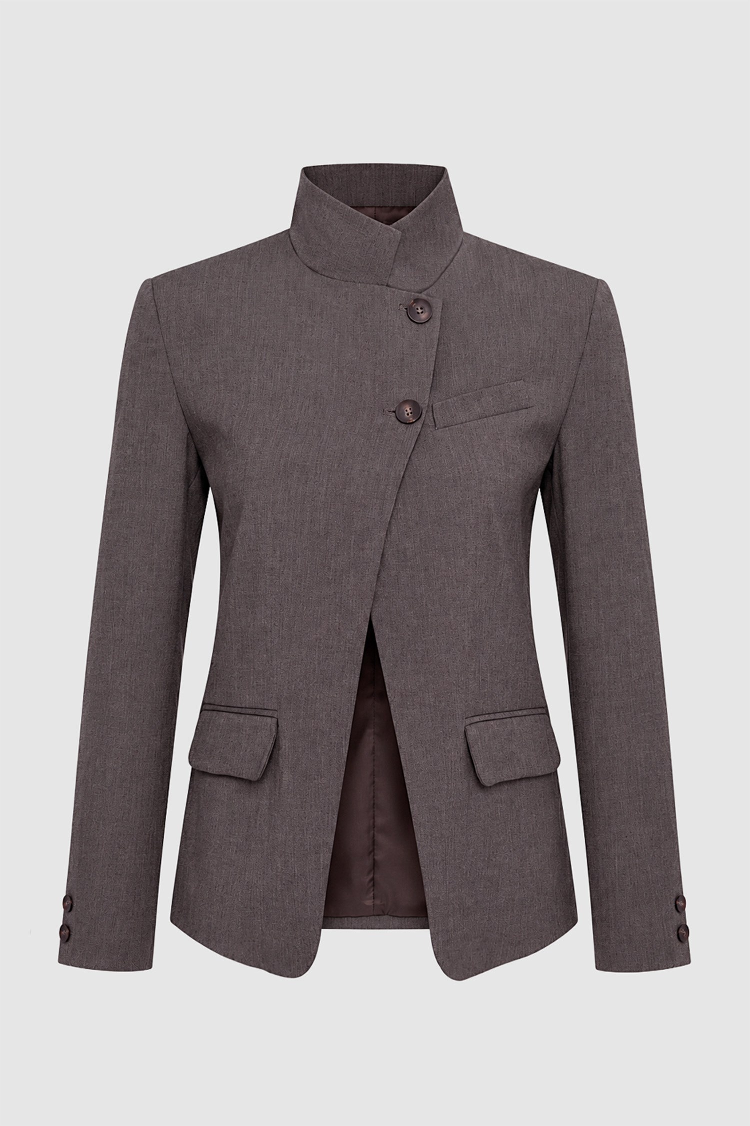 Kadın Kahverengi Dik Yaka Düğmeli Oversize Blazer-Thalure