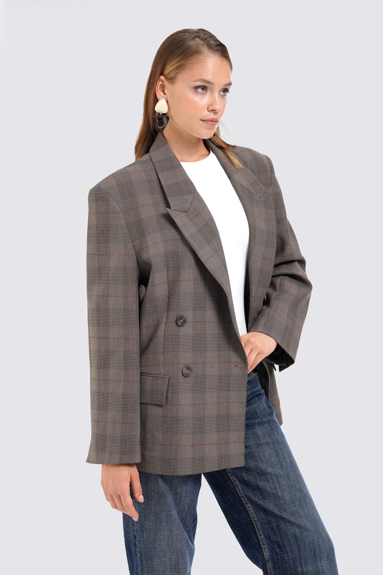 Kadın Kahverengi Ekoseli Oversize Blazer
