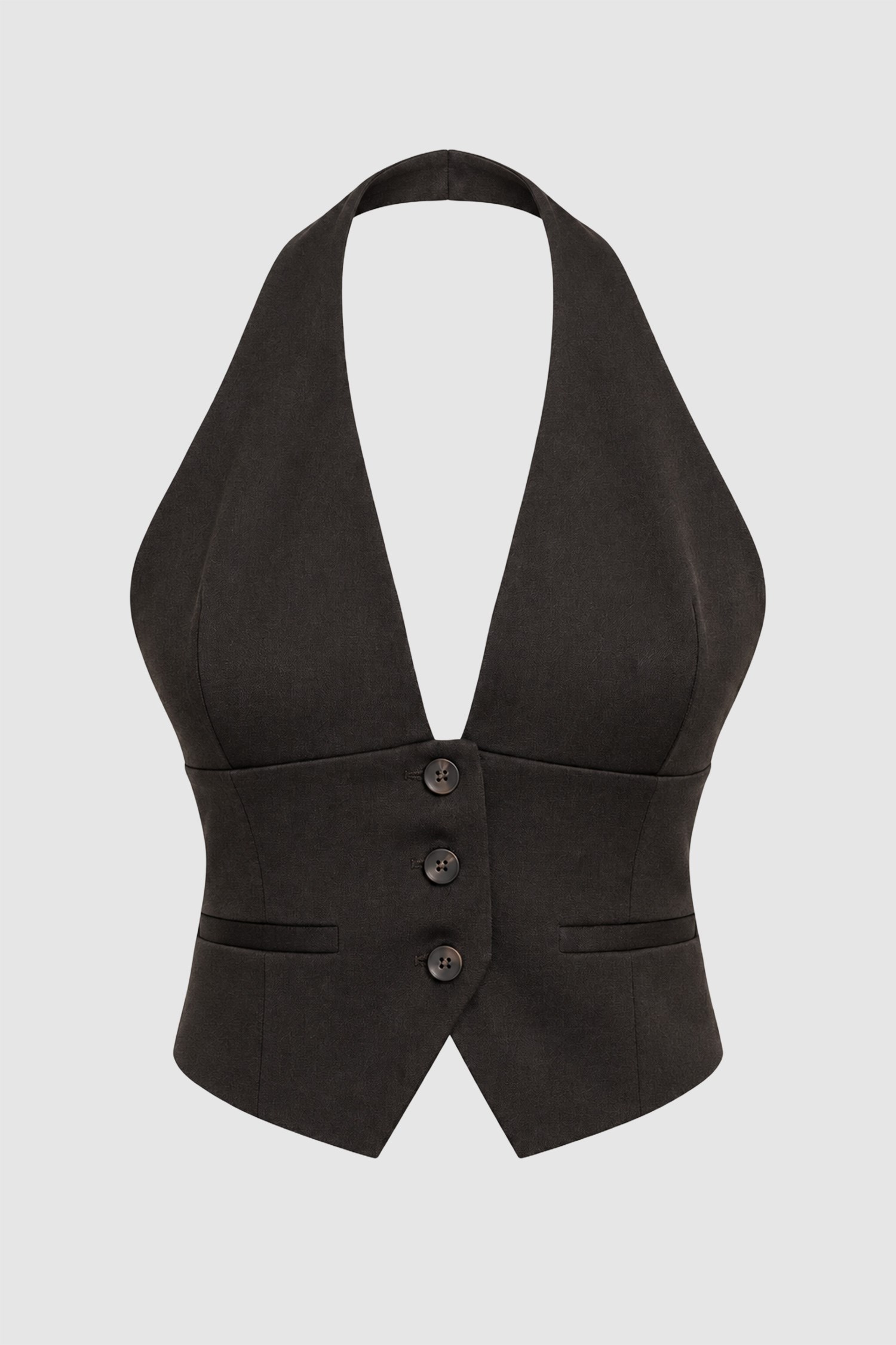 Kadın Kahverengi Halter Yaka Düğmeli Crop Yelek-Thalure