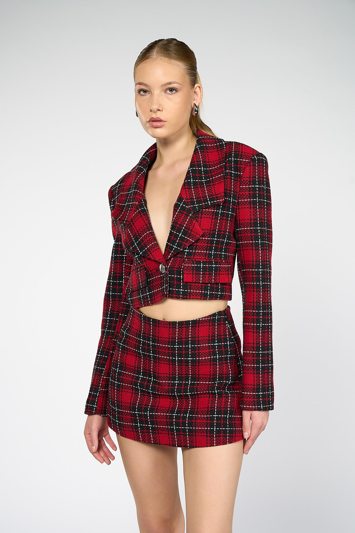 Kadın Kırmızı Ekoseli Crop Blazer-Thalure