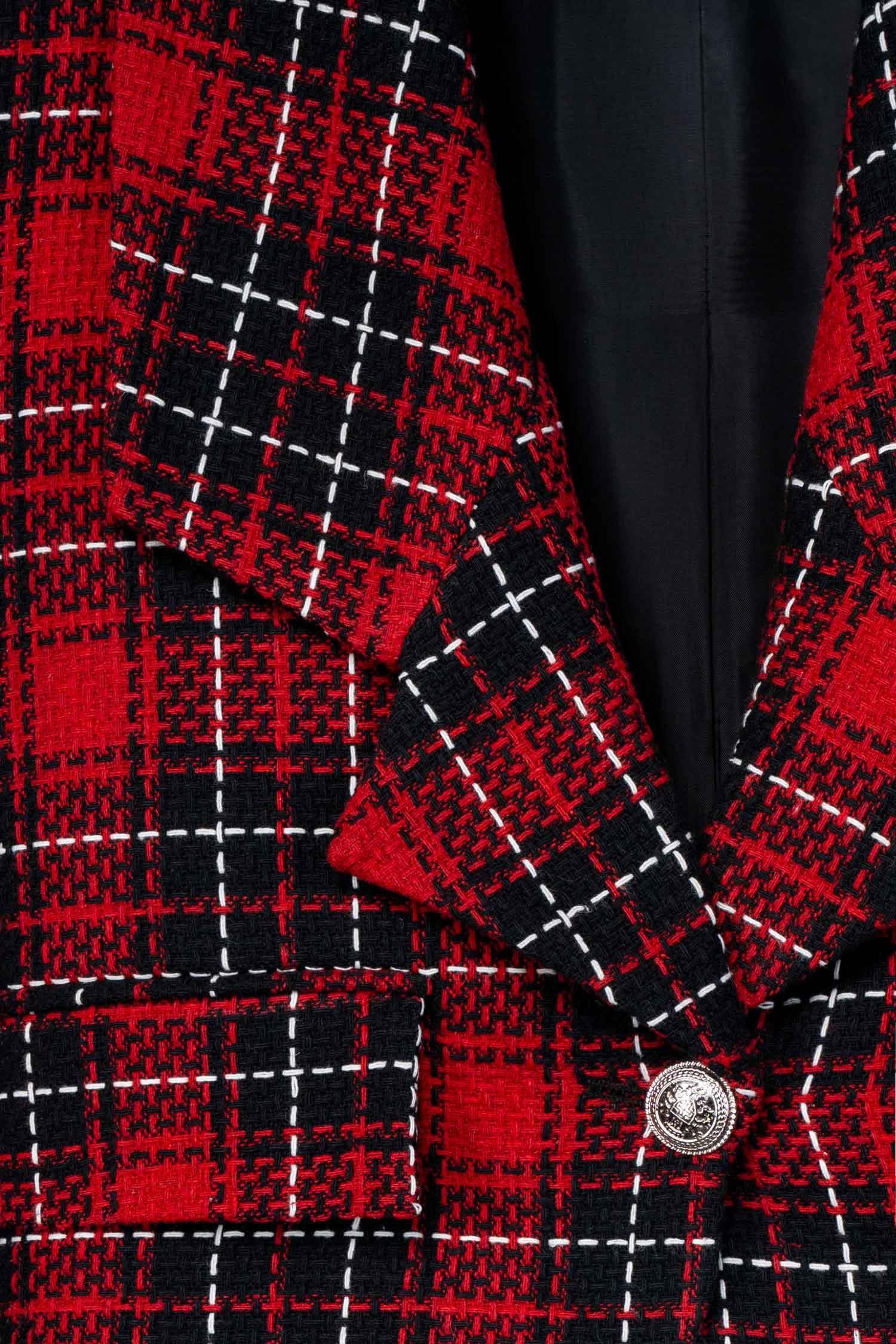 Kadın Kırmızı Ekoseli Crop Blazer-Thalure
