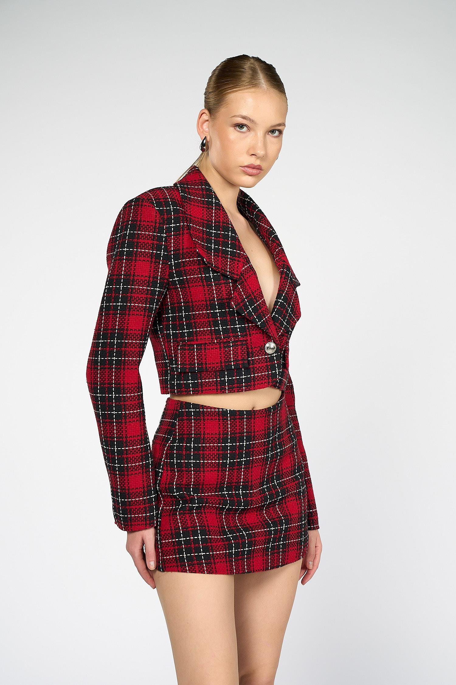 Kadın Kırmızı Ekoseli Crop Blazer-Thalure