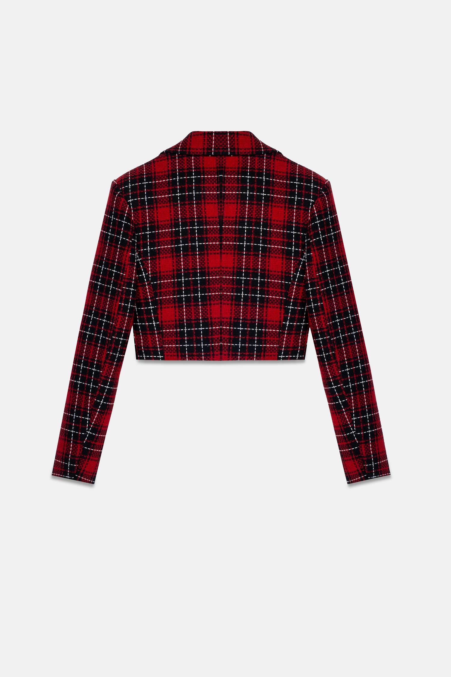 Kadın Kırmızı Ekoseli Crop Blazer-Thalure