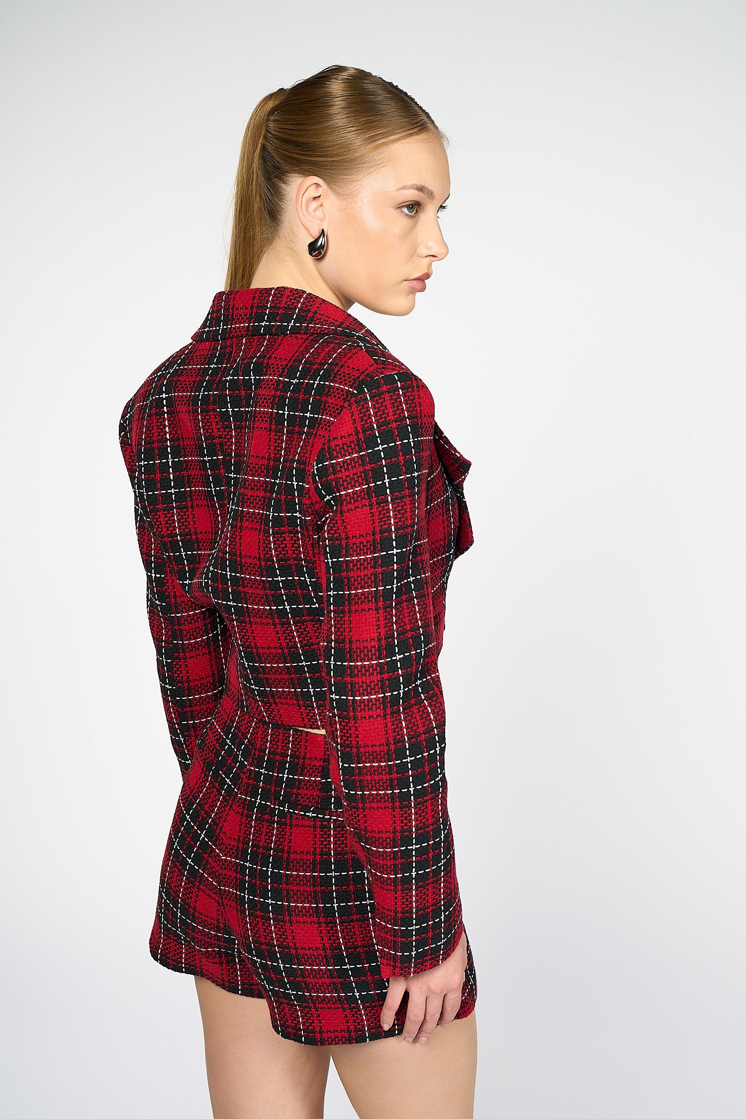 Kadın Kırmızı Ekoseli Crop Blazer-Thalure