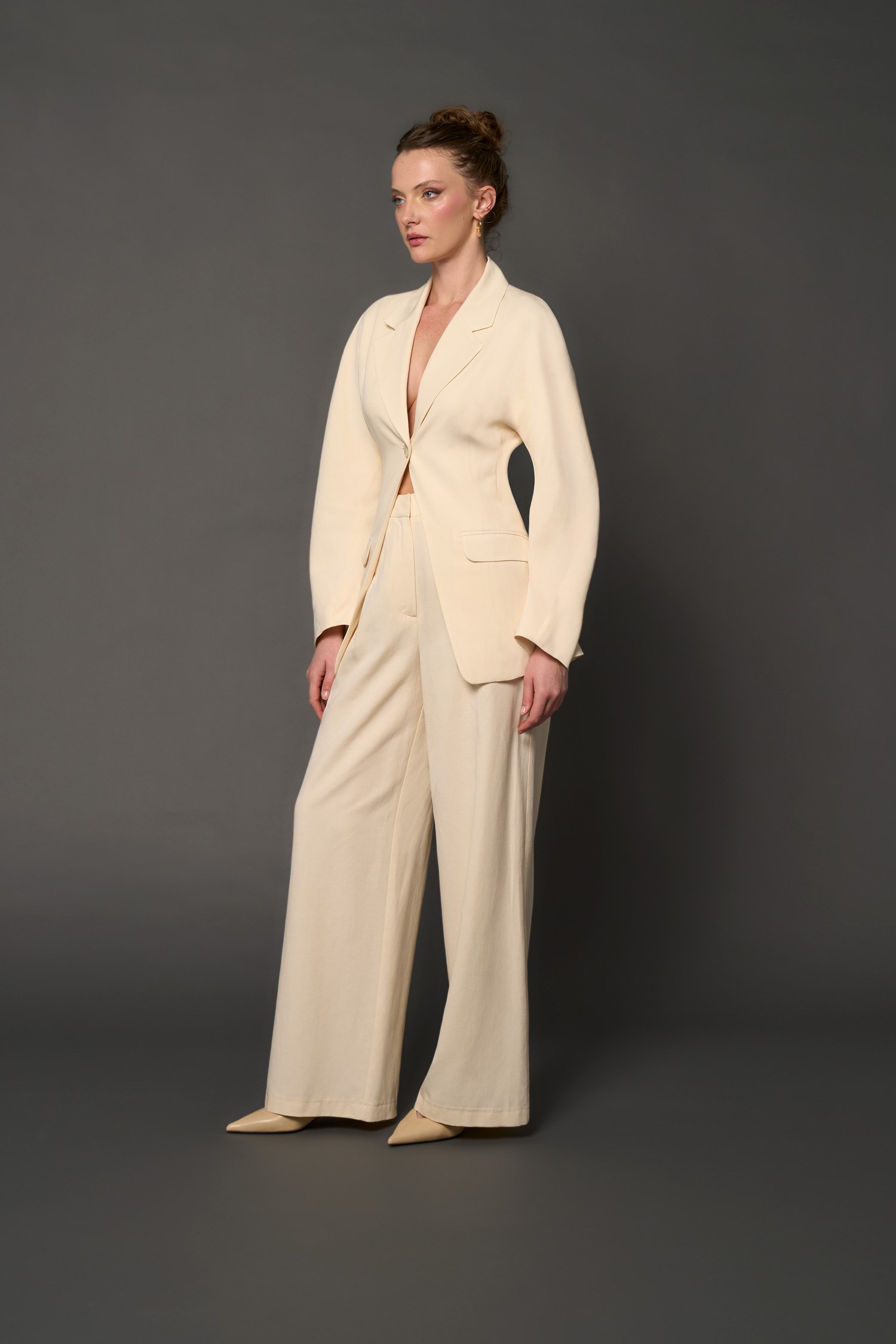 Kadın Krem Balon Kollu Blazer-Thalure
