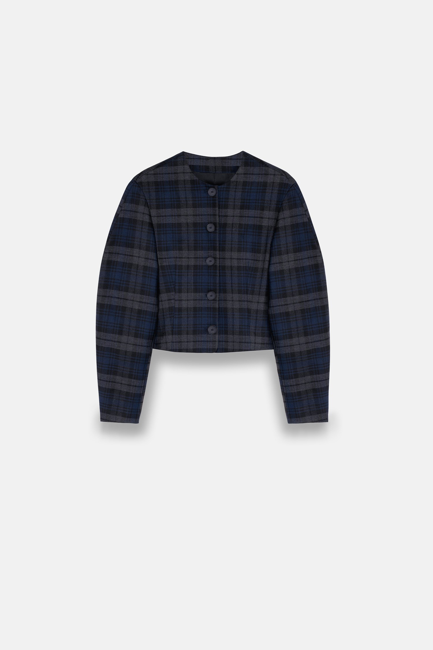 Kadın Lacivert Ekoseli Bisiklet Yaka Crop Blazer-Thalure