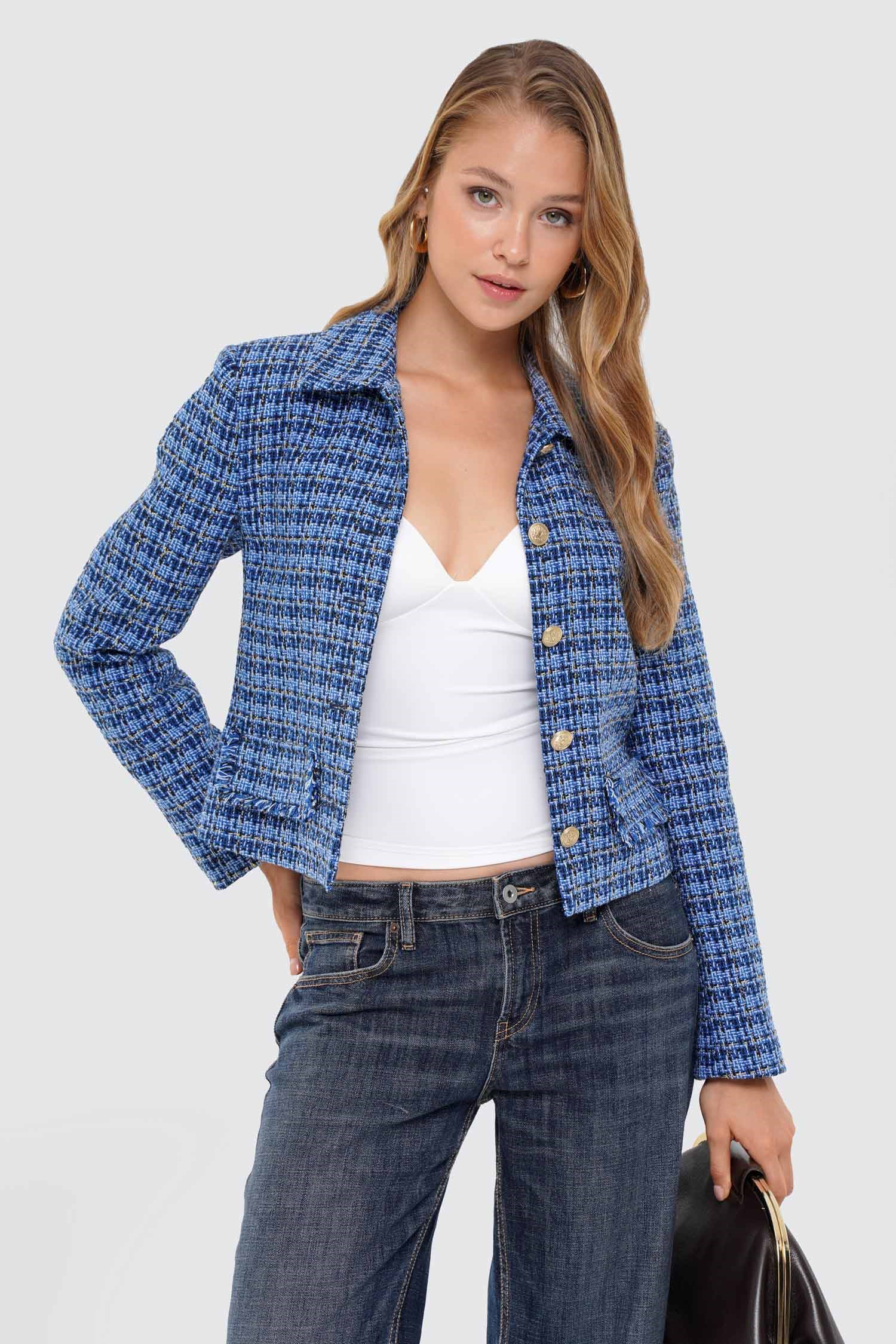 Kadın Mavi Gömlek Yaka Cep Detaylı Slim Fit Tüvit Ceket