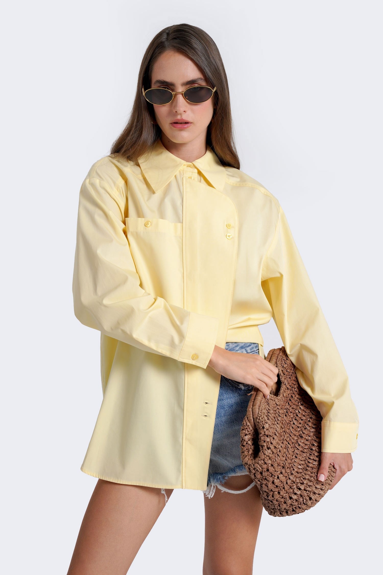 Kadın Sarı Pat Detaylı Oversize Gömlek