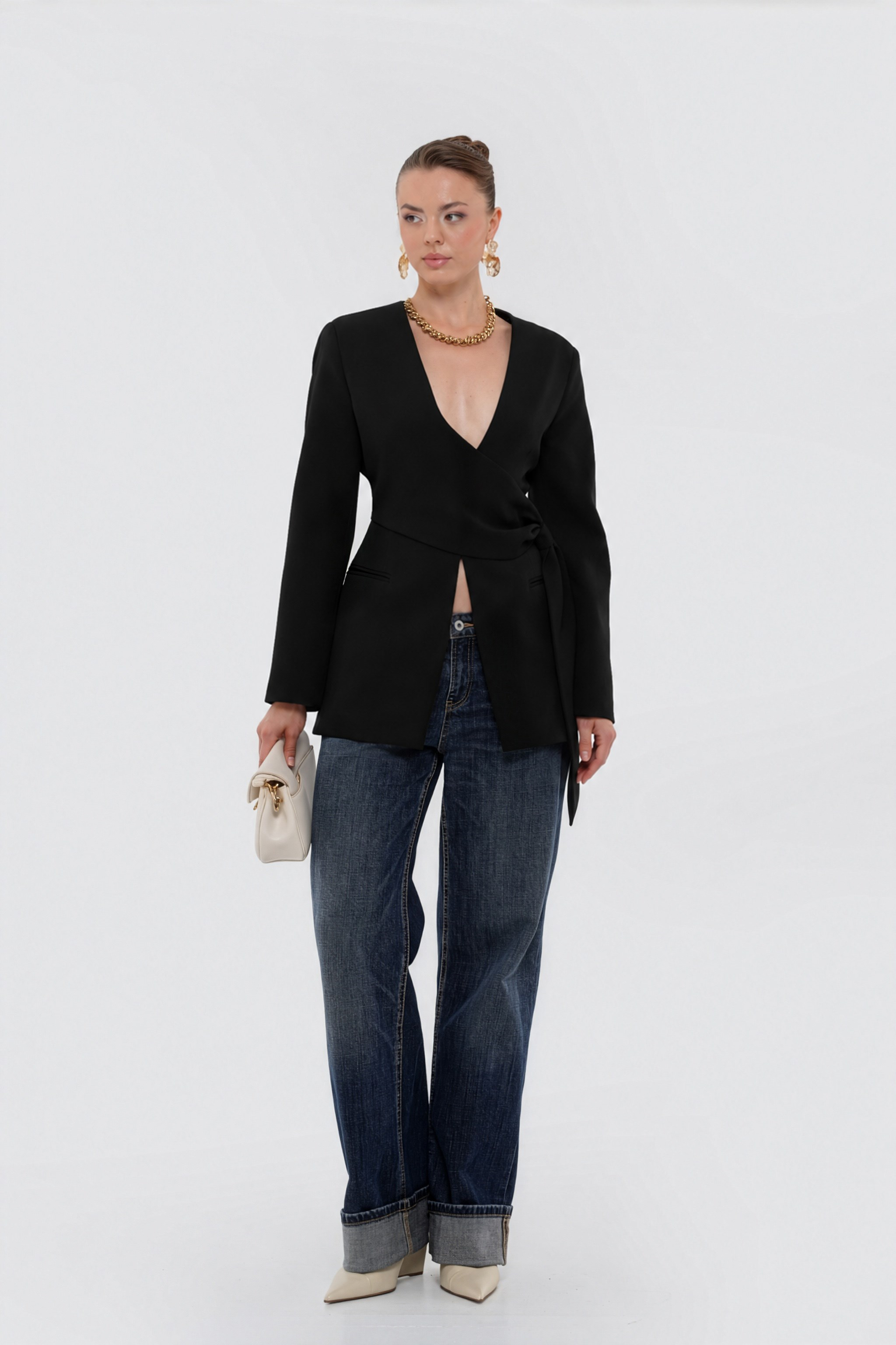 Kadın Siyah Beli Büzgülü Blazer-Thalure
