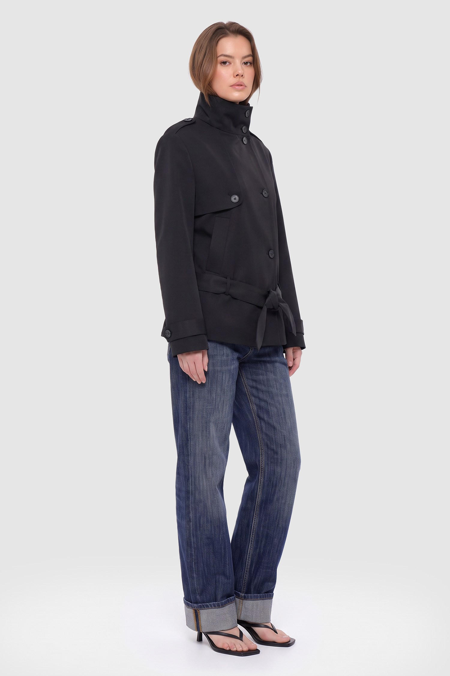 Kadın Siyah Dik Yaka Oversize Kısa Trençkot-Thalure