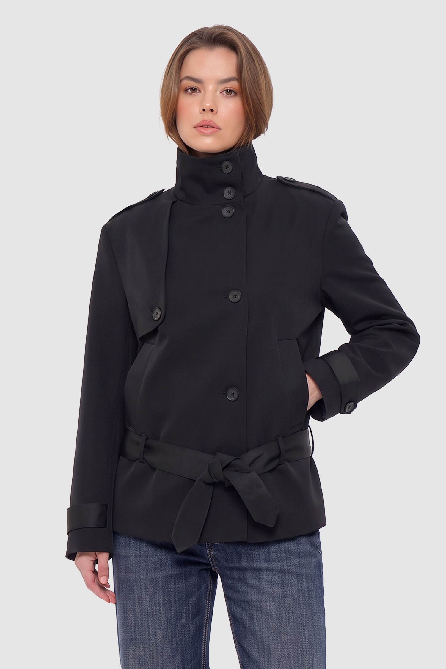 Kadın Siyah Dik Yaka Oversize Kısa Trençkot-Thalure