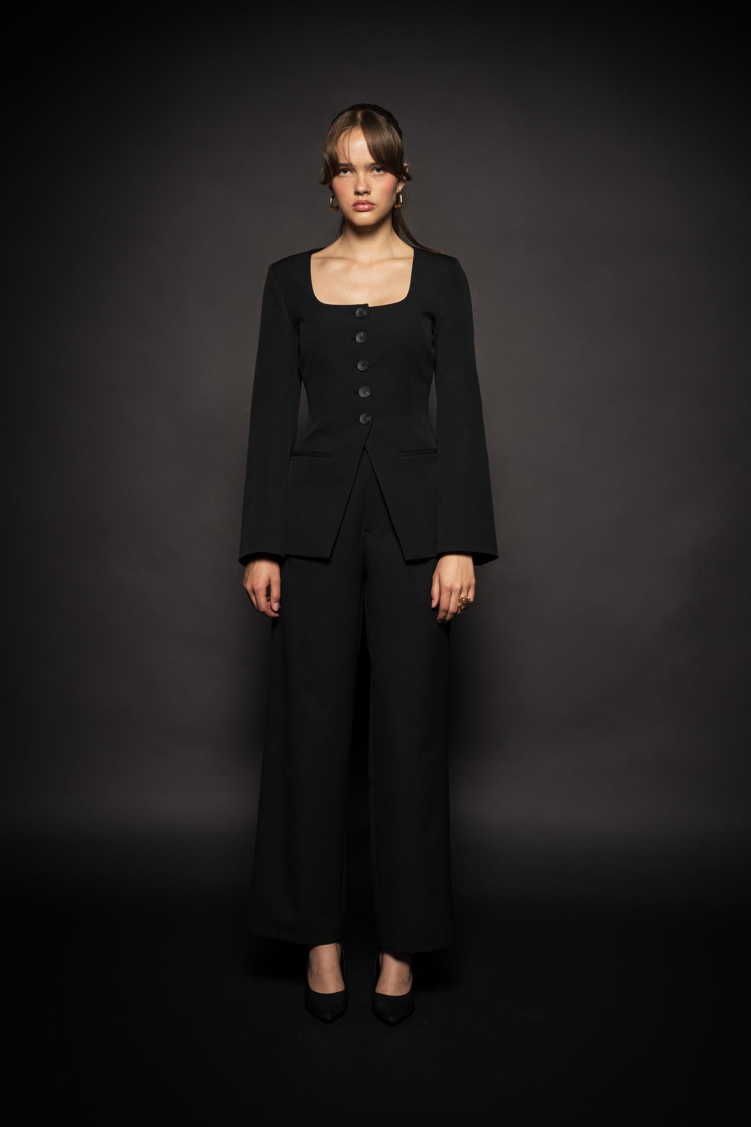 Kadın Siyah Geniş Yaka Blazer-Thalure
