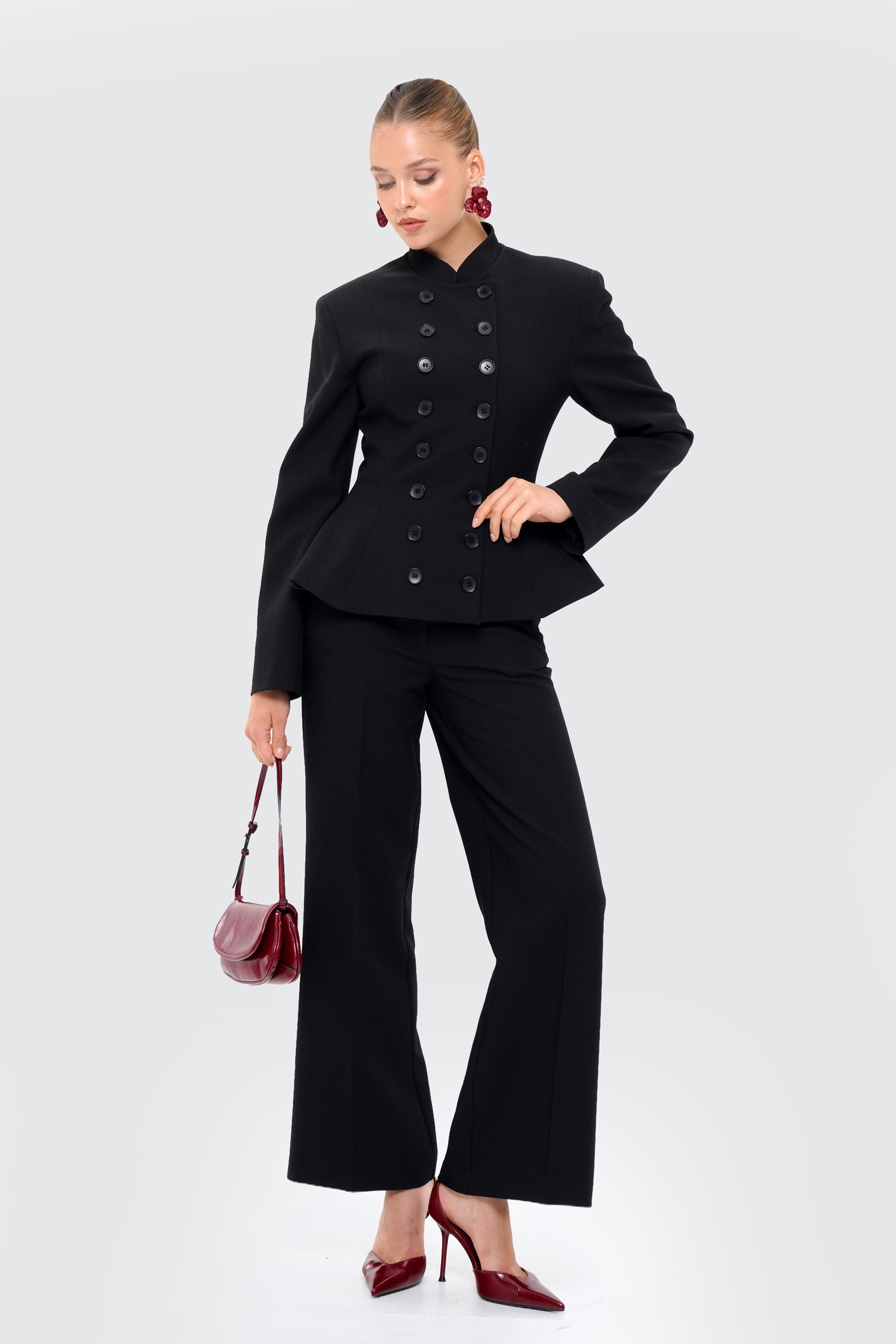 Kadın Siyah Kruvaze Düğmeli Peplum Blazer-Thalure