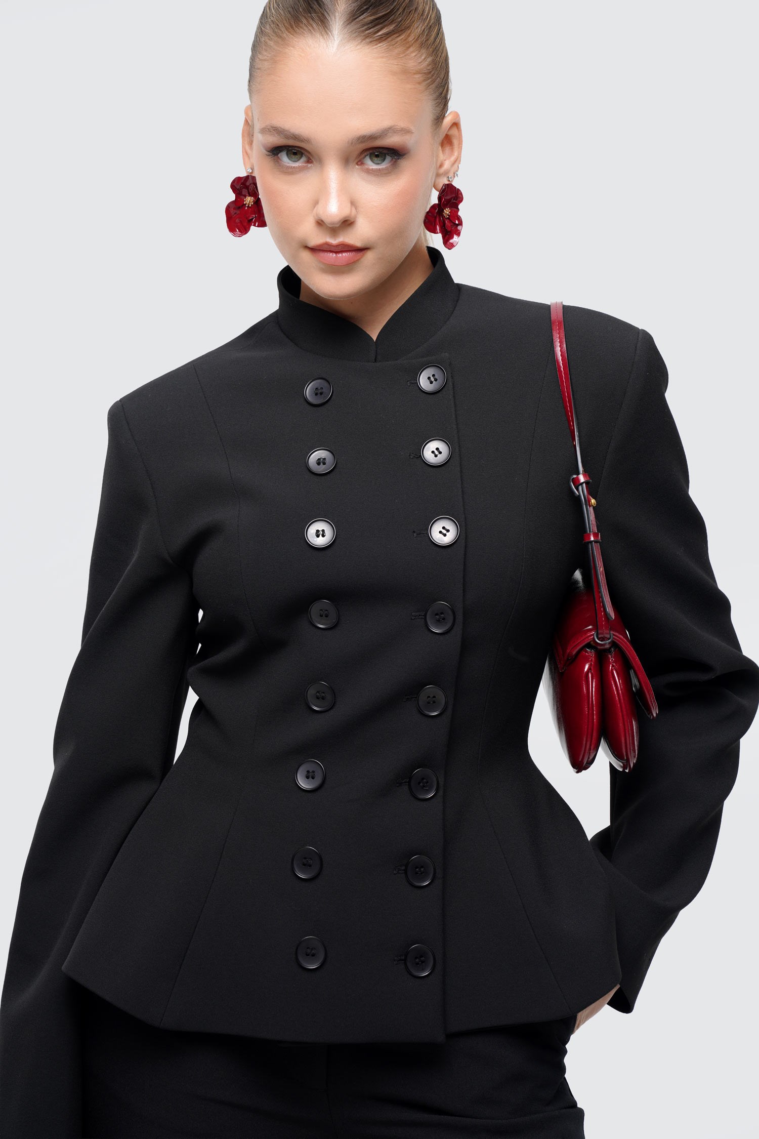 Kadın Siyah Kruvaze Düğmeli Peplum Blazer-Thalure