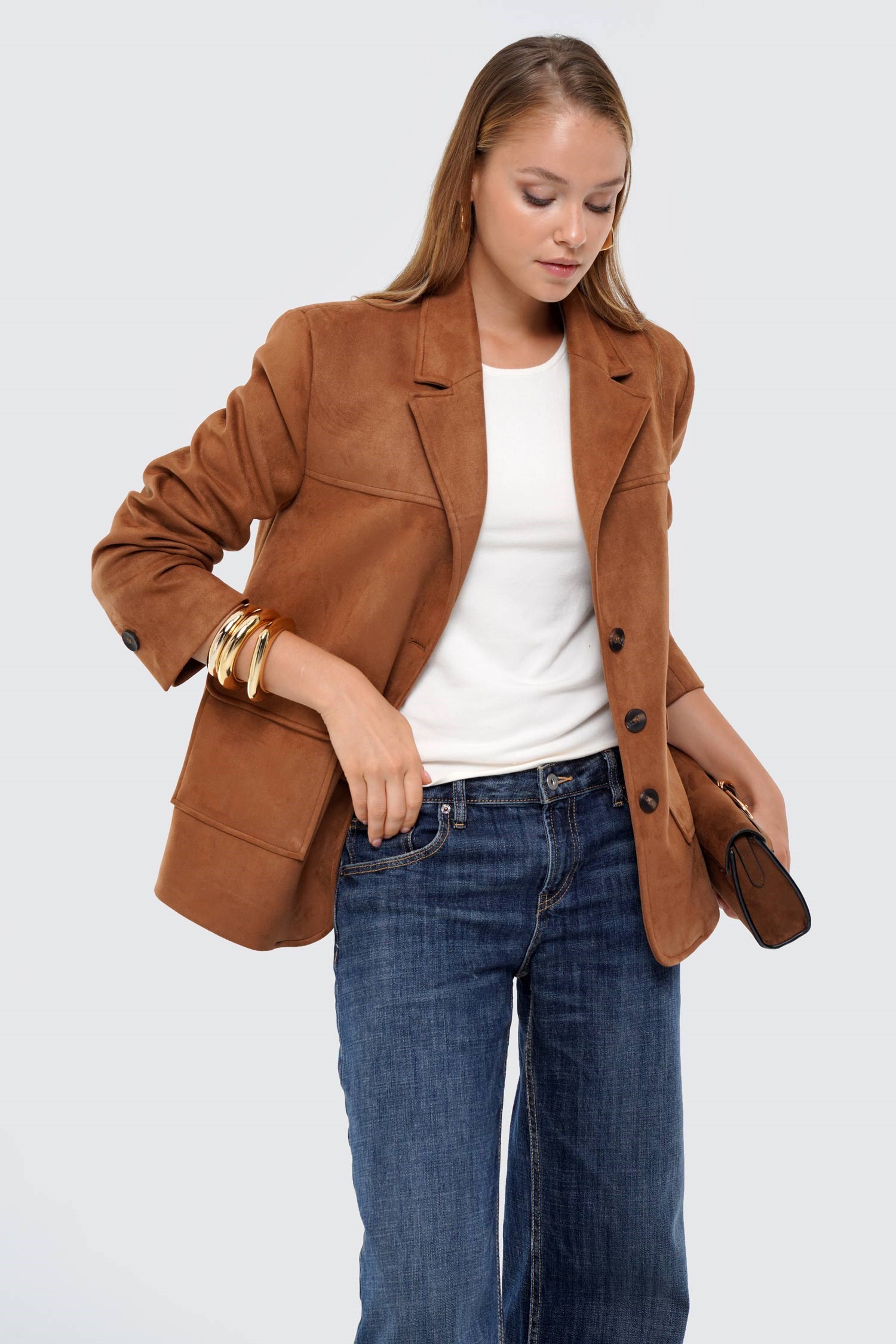 Kadın Taba Süet Cep Detaylı Oversize Ceket