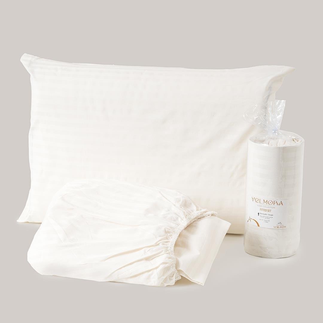 Krem Rengi Pamuklu Saten Fitted Çift Kişilik Çarşaf Takımı (160x200cm)