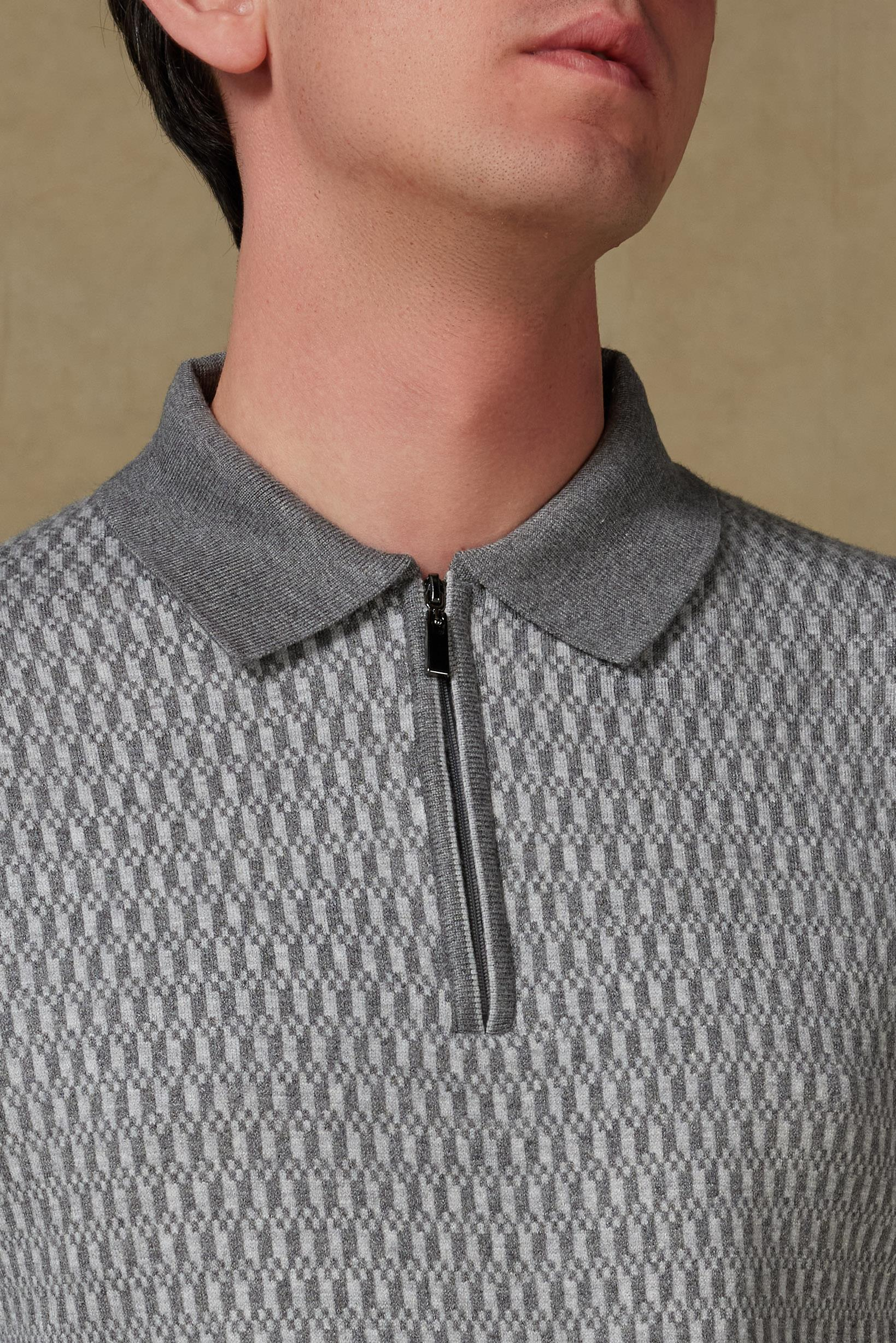 Abbate Claro Örme Kumaş Kaşmir Karışımlı Modern Fit Gri Polo Yaka Erkek Desenli Triko