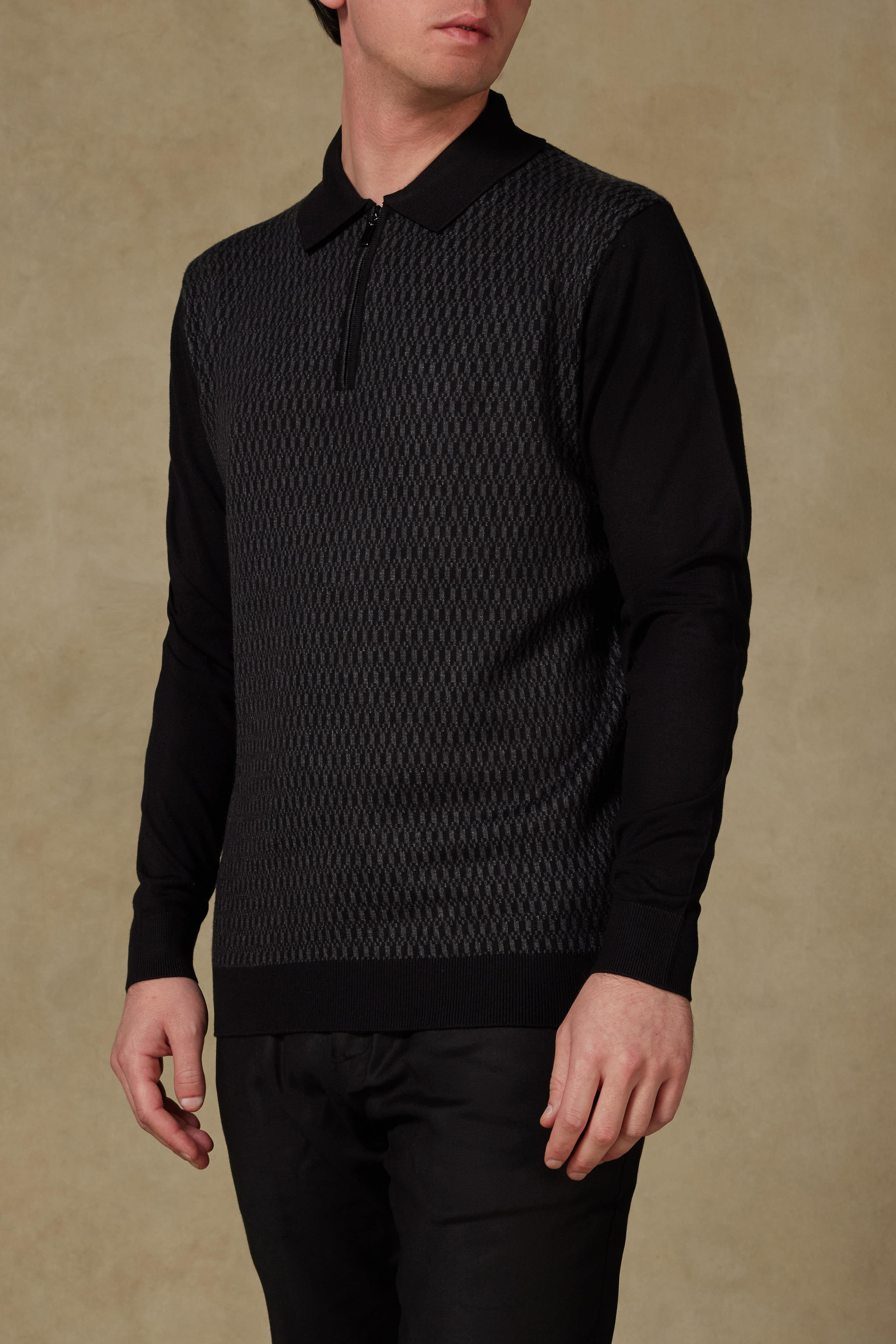 Abbate Claro Örme Kumaş Kaşmir Karışımlı Modern Fit Siyah Polo Yaka Erkek Desenli Triko
