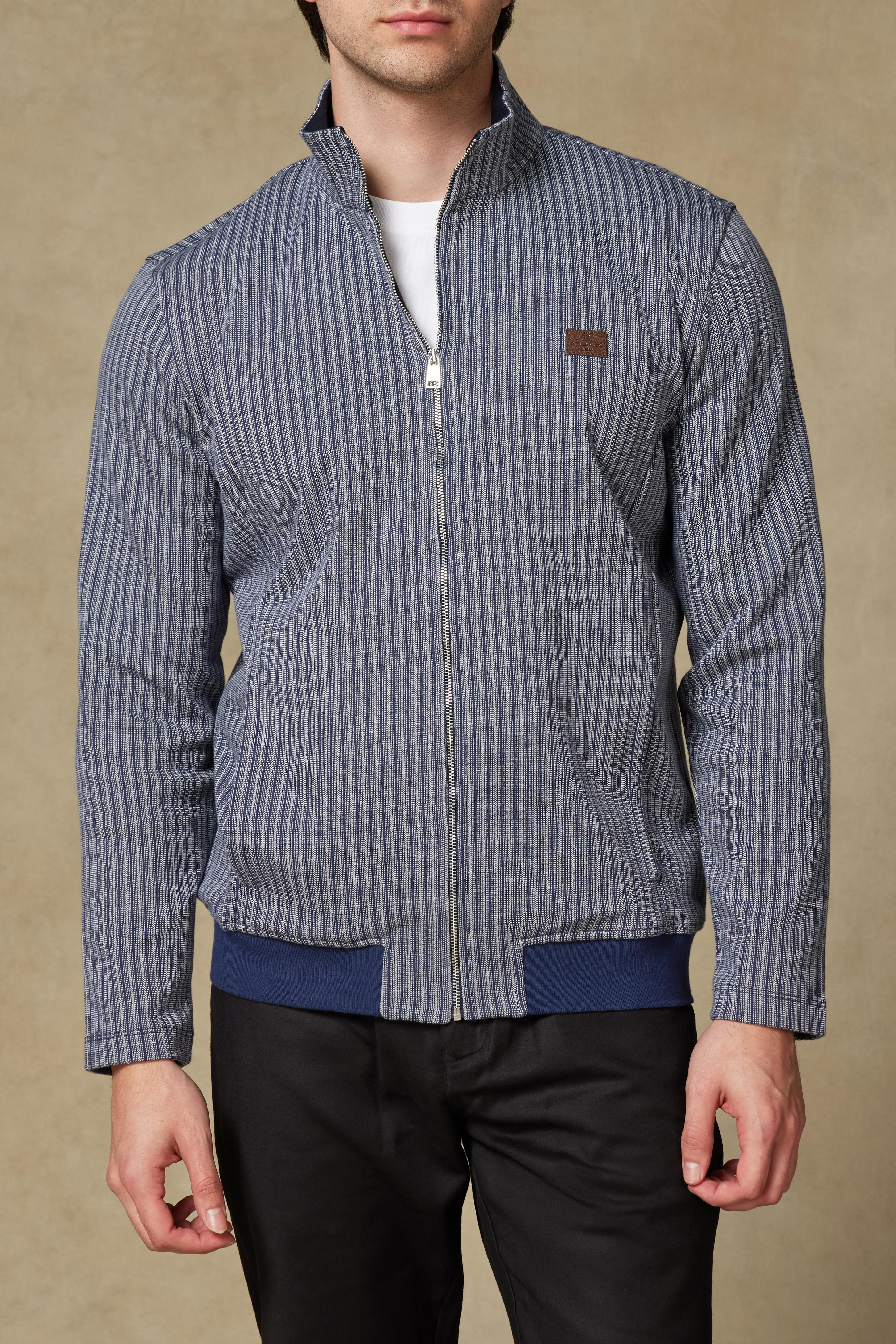 Abbate Edon Örme Kumaş Pamuklu Modern Fit Lacivert Dik Yaka Erkek Çizgili Sweatshirt