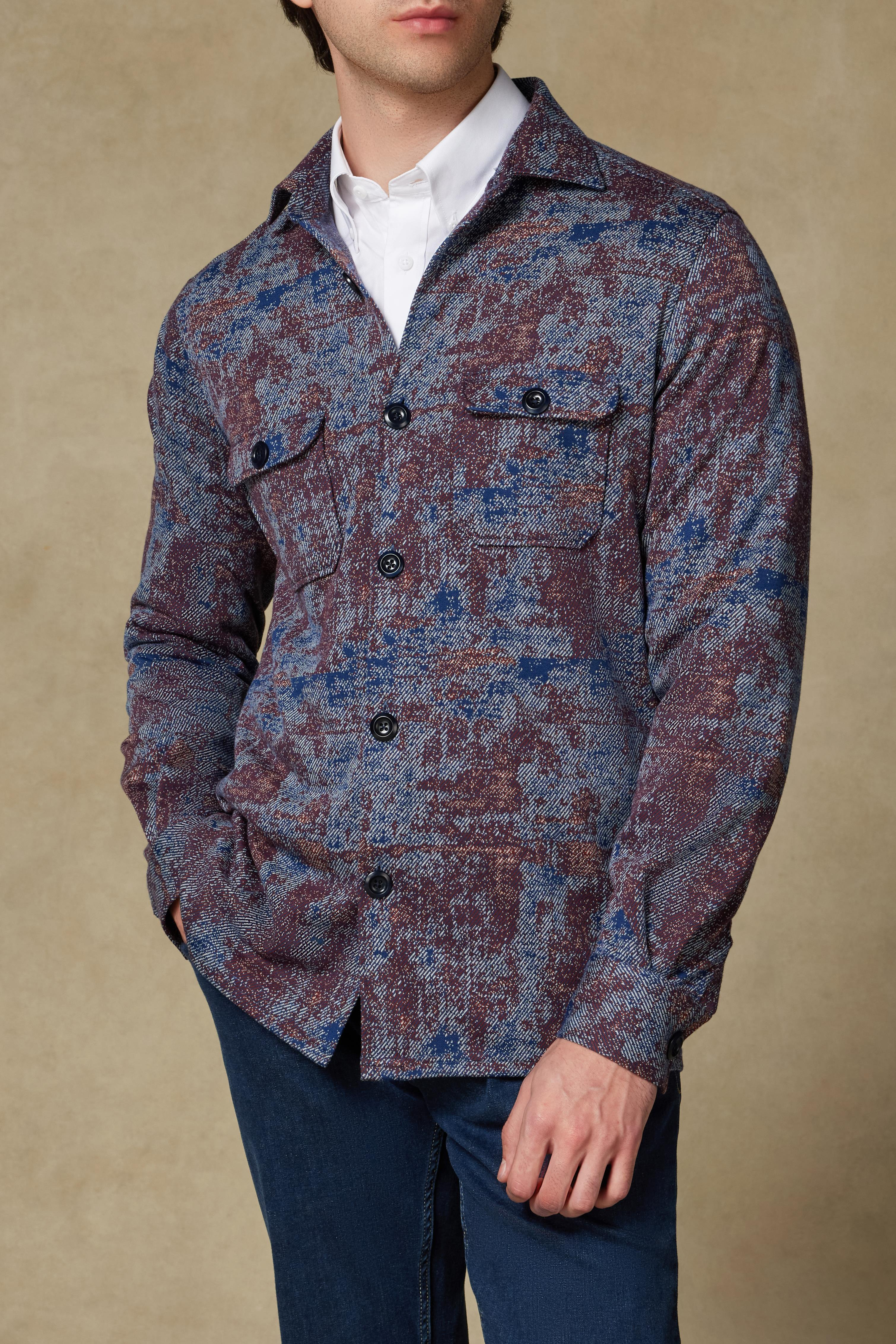 Abbate Legend Örme Kumaş Viskon Karışımlı Overshirt Fit Lacivert Klasik Yaka Erkek Desenli Overshirt