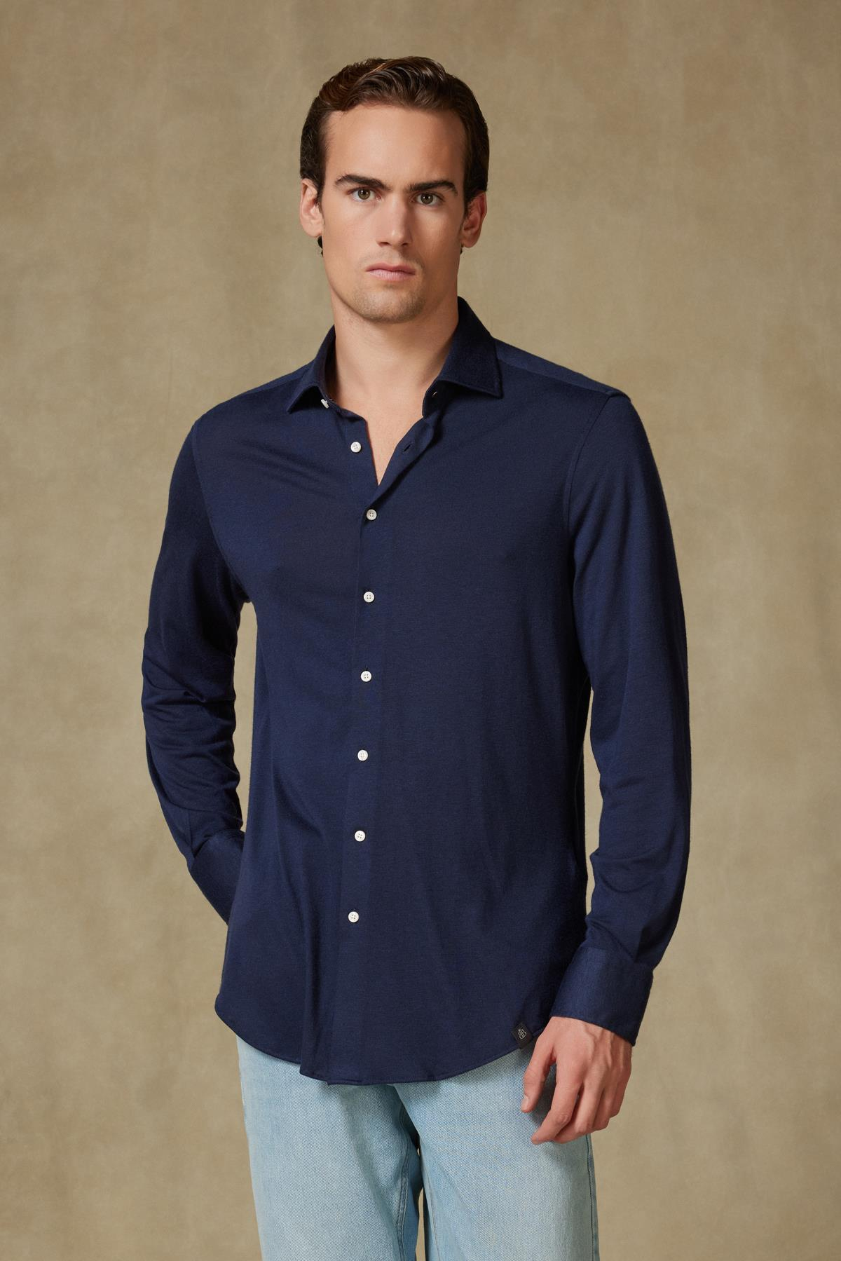 Abbate Lorenzo Jersey Viskon Karışımlı Comfort Fit Lacivert Klasik Yaka Erkek Düz Gömlek