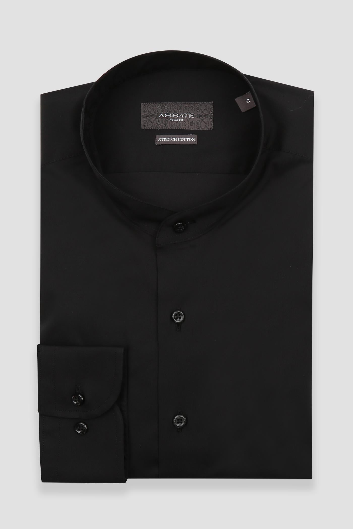 Abbate Mao Poplin Stretch Pamuk Karışımlı Slim Fit Siyah Hakim Yaka Erkek Düz Gömlek