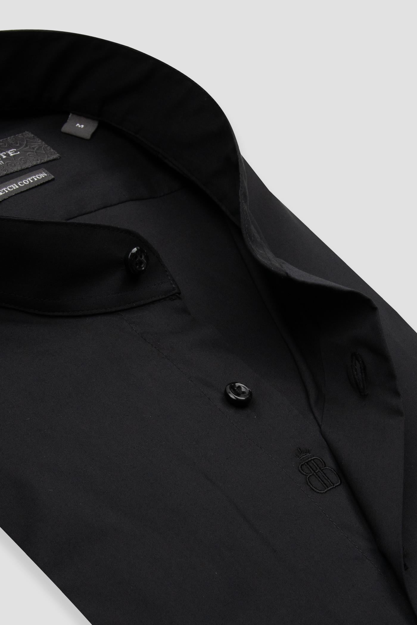 Abbate Mao Poplin Stretch Pamuk Karışımlı Slim Fit Siyah Hakim Yaka Erkek Düz Gömlek